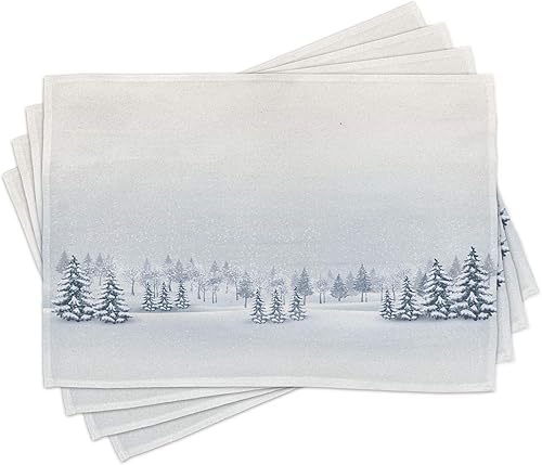 Ambesonne Juego de 4 manteles individuales de invierno, escena de estación fría en un parque, árboles con niebla, bruma, borrosa, hielo, Beige
