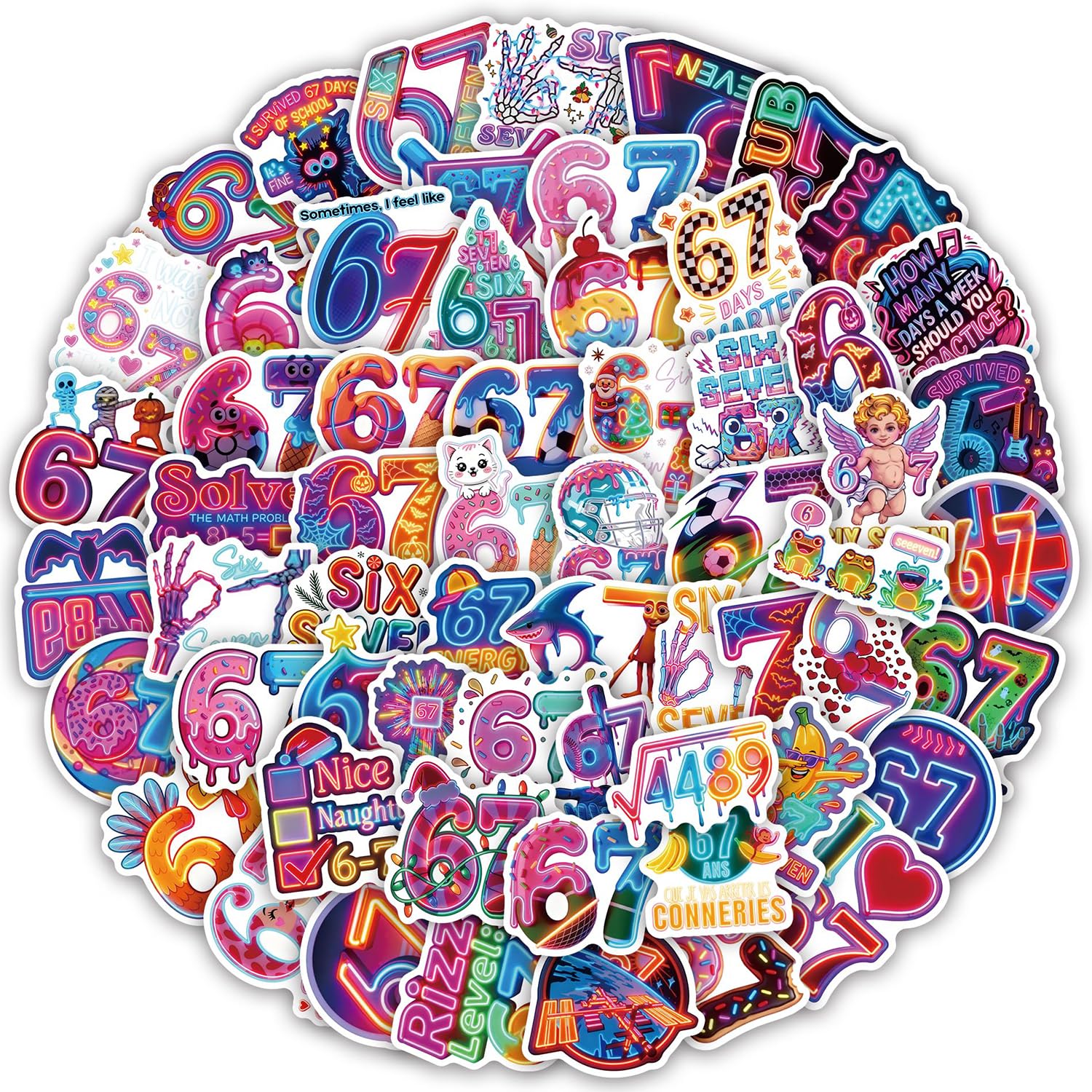 Asrejur Brown 60 Pcs Meme Stickers, 67 Style Funny Stickers, Waterproof Vinyl Stickers, Creative Trendy Sticker, Neon Sticker Packs, For Laptop, Water Bottle, Bookish, Skateboard, Guitar, Suitcase, Kids, Adults