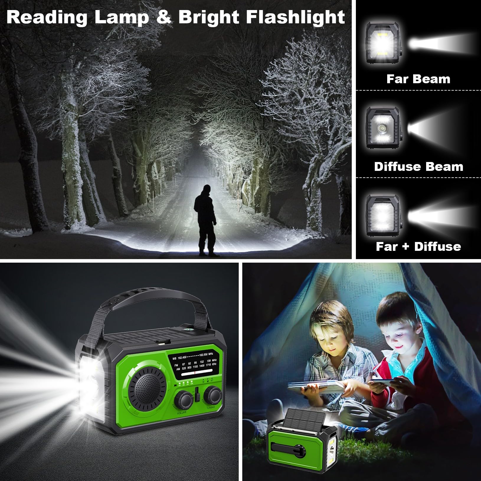 Radio météo d'urgence à manivelle 16 000 mAh avec haut-parleur sans fil, 59 200 mWh, radio solaire NOAA AM FM avec lampe de poche, chargeur de téléphone portable, lampe de lecture, boussole, SOS pour