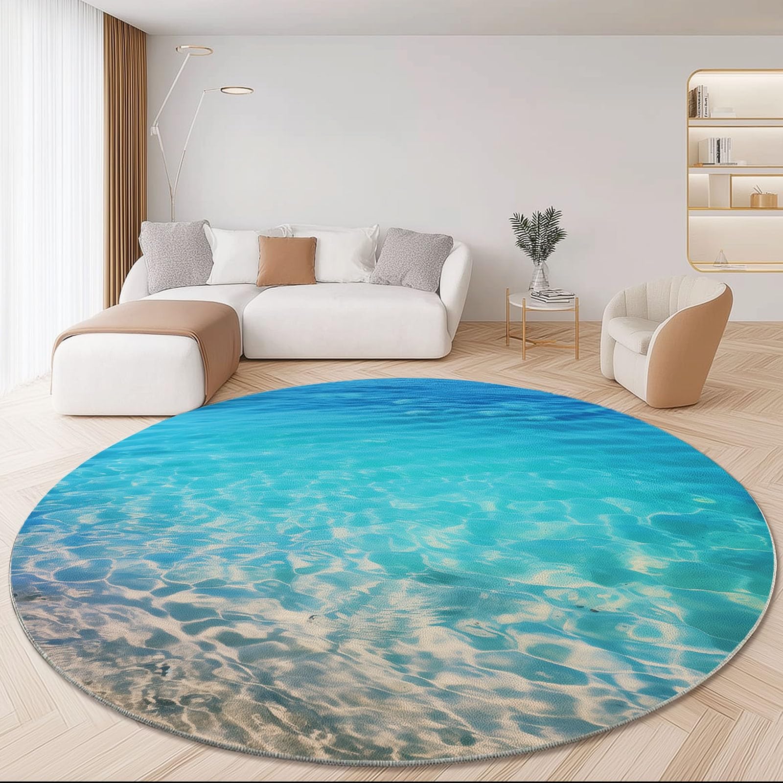 Generico Tappeto Rotondo Salotto Costiero Spiaggia Mare Tema, 120 cm Tappeto Camera da Letto Rotondo Grande Pelo Corto, Antiscivolo Tappeti Rotondi per Bambini Camera, Azzurro