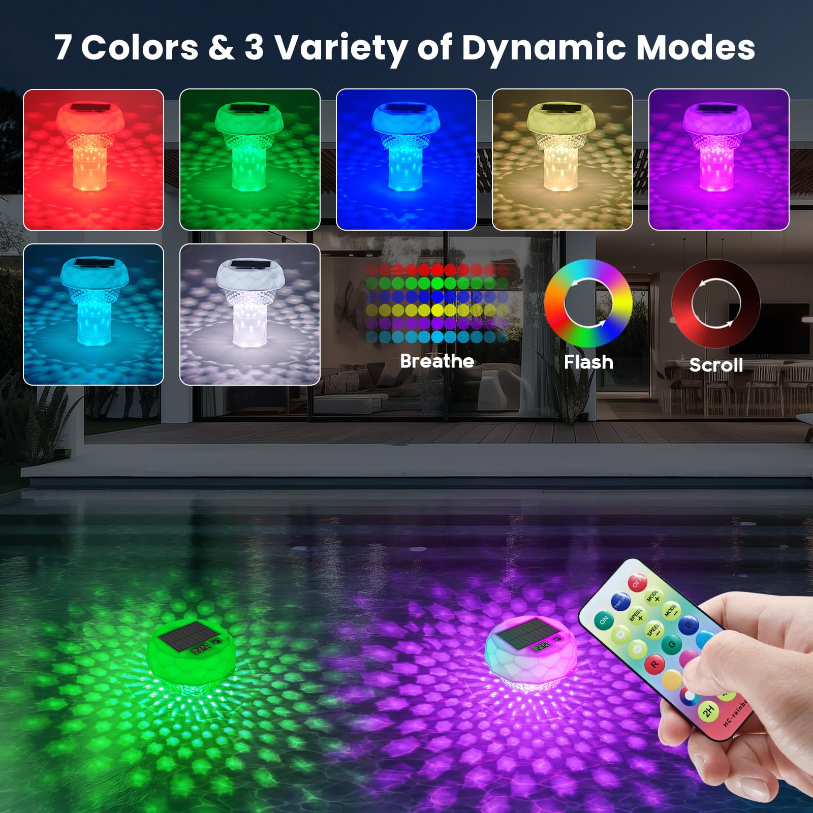 Lumière Piscine Solaire avec Diffuseur Chlore, Thermomètre, Lampe Flottante piscine avec Télécommande, 8 Couleur, Minuterie, IP68 Étanche éclairage pour piscine, Baignoire, Spa, Étang Jardin Déco - 5