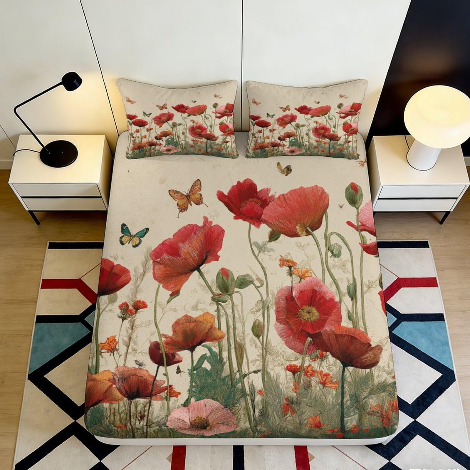 3D Printed Poppy Flowers Fitted Sheet Microfiber Soft Red Butterflies Mattress Cover for Bedroom Dorm Decor Protection, Machine Washable 140x200x25cm