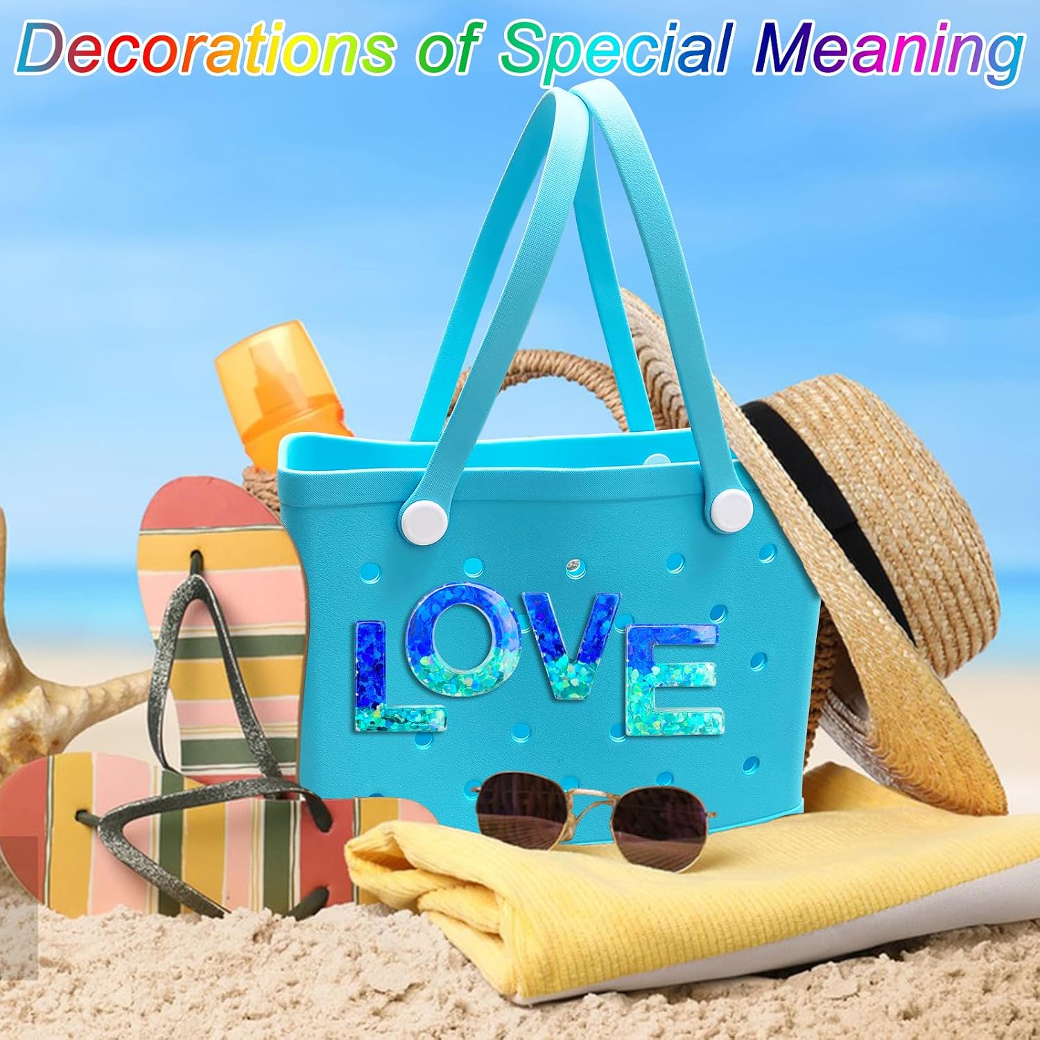 Letter Charms for Bogg Bag, Alphabet Blue Green Sequin Lettering Accessories Charms for Bogg and Simply Southern Bag, Insert Decorative Letters Charm for Handbag Beach Tote Bag. image 2