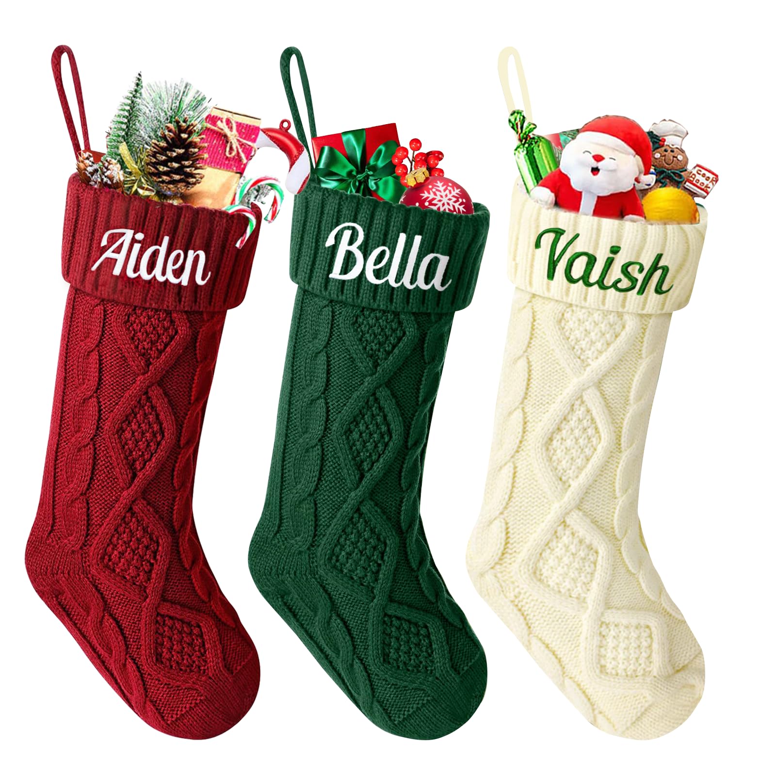 Bexoa Embroidered Name Personalised Christmas Stockings - 18” Large Knitted Embroidered Custom Names Christmas Stockings, Xmas Stocking For Kids Family Fireplace Christmas Holiday Party Decoration (7, Embroidered)