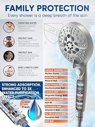 Miniatura 7 de Cabezal de ducha de mano de alta presión con filtro, botón de pausa de interruptor de encendidoapagado, cabezal de ducha de 10 modos con filtros
