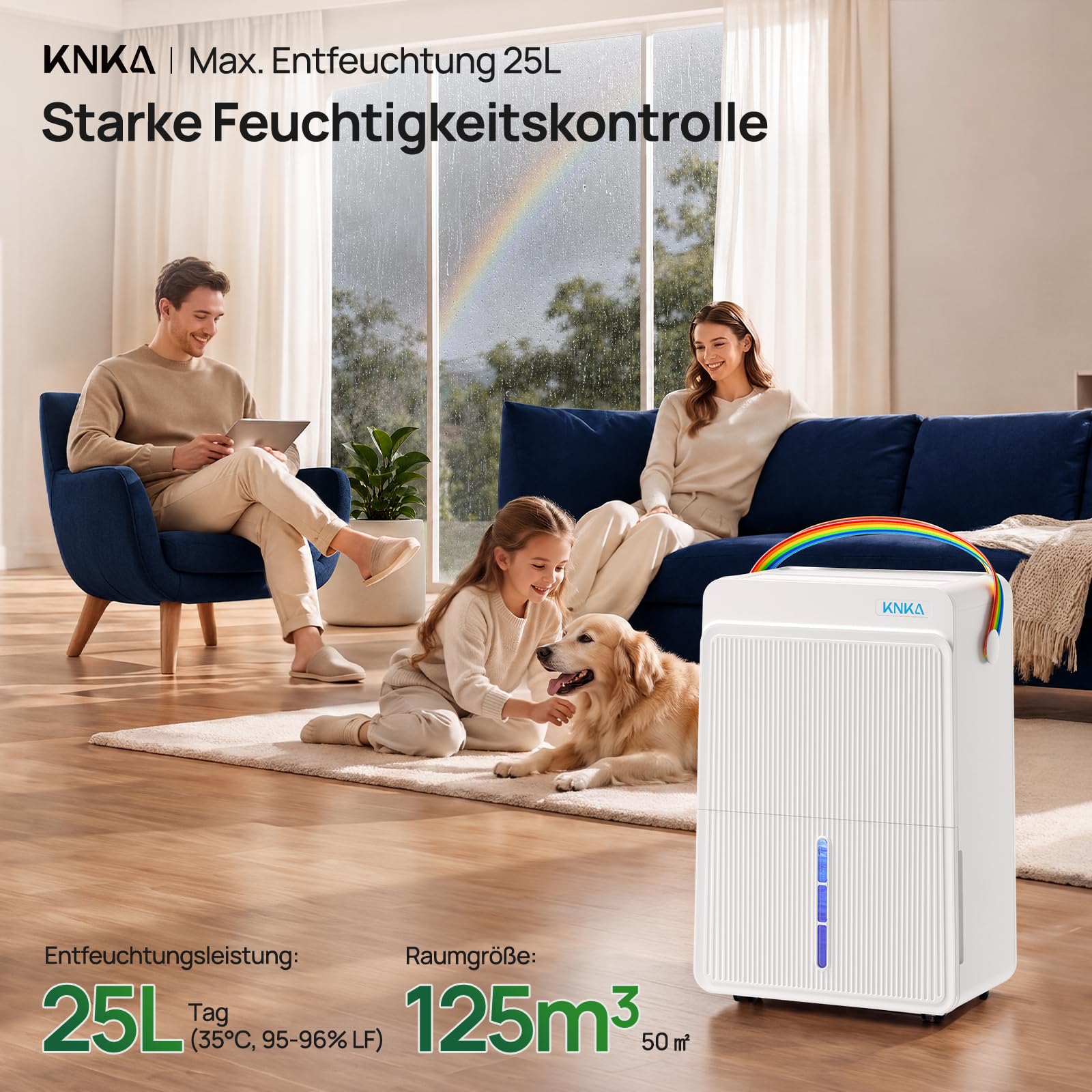 KNKA Luftentfeuchter 25L/Tag Luftentfeuchter Elektrisch Drei Betriebsmodi | Entfeuchter Elektrisch Mit 4,0L Wassertank, leistungsstarker und leiser Entfeuchtung, für Bereiche bis 125 m³ (50 m²). Weiß.