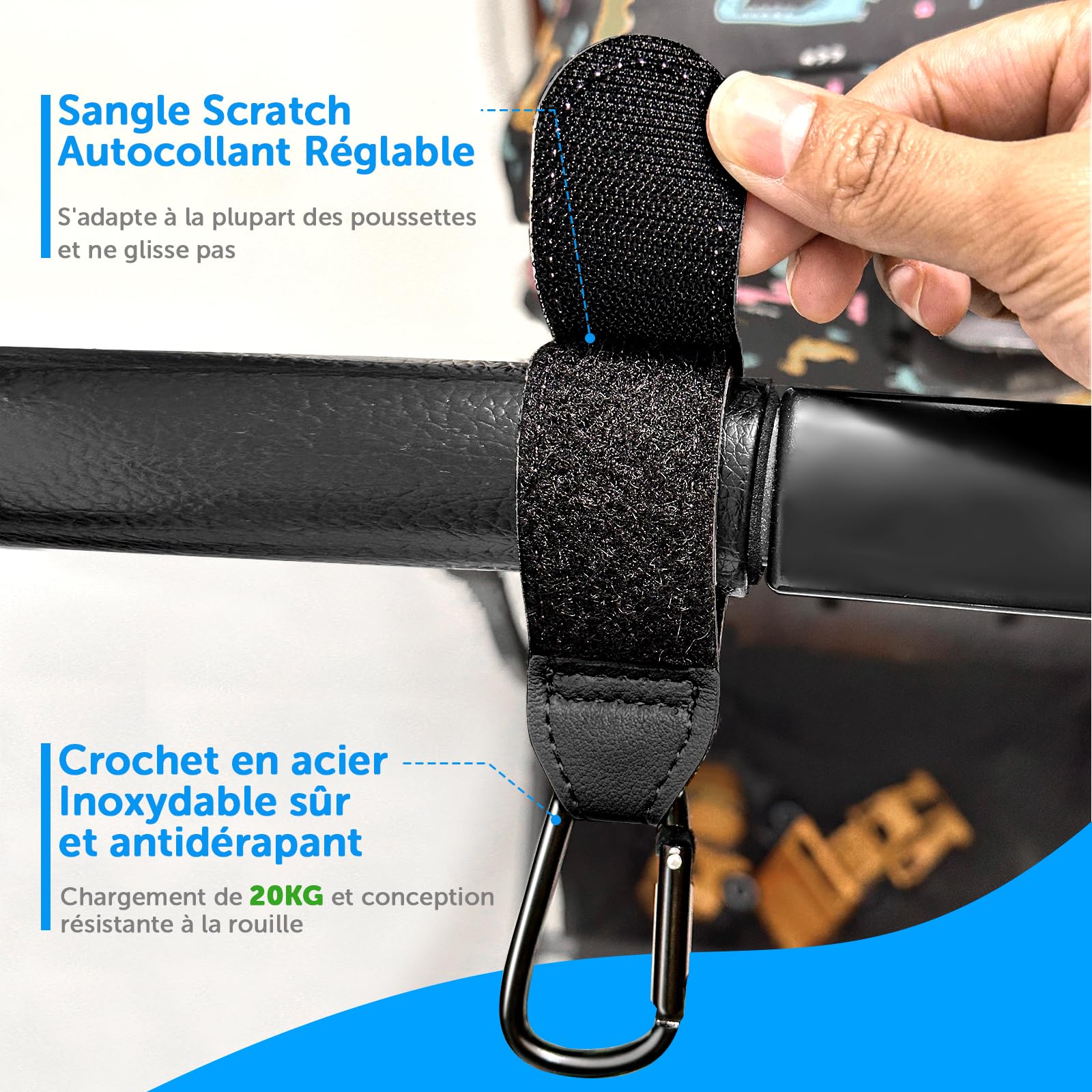 Bdwing Ganci per Passeggino Porta Borse in Pelle, 2 Pezzi Universali Accessori Passeggino per Appendere Borse, Zaini e Borsa della Spesa, Antiscivolo, Cuciture Forti (Nero)
