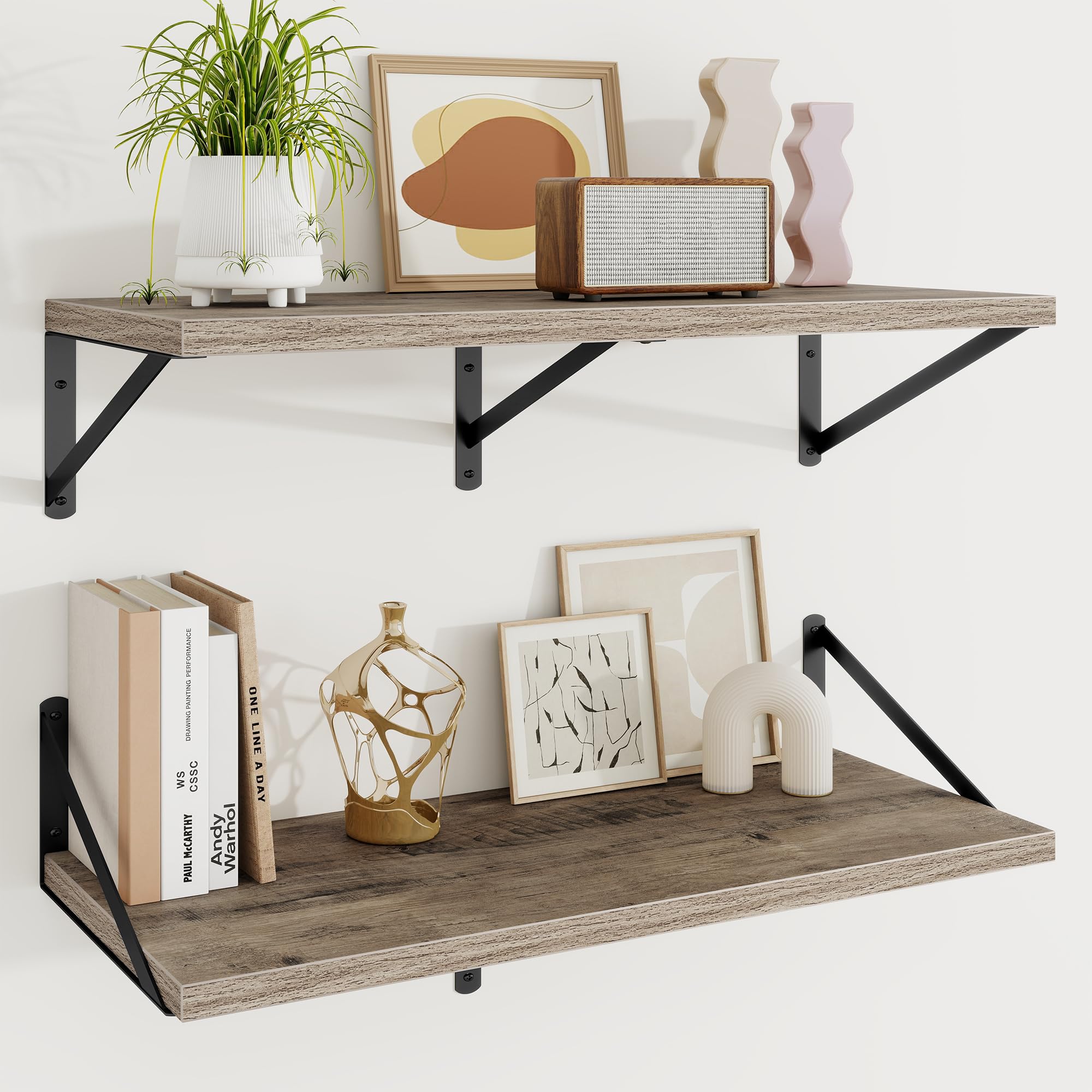 KovaScape Floating Shelves, Extra Deep Loft Rustic Book Shelf for Wall, 80x30 cm Wall Shelves Set of 2, Heavy Duty Metal Brackets, Wood Display Shelf for Living Room, Kitchen, Corner, Study, Grey