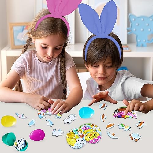 Miniatura 6 de ArtCreativity Huevos de Pascua prellenados con rompecabezas en el interior, juego de 24 huevos sorpresa coloridos para niños con rompecabezas -