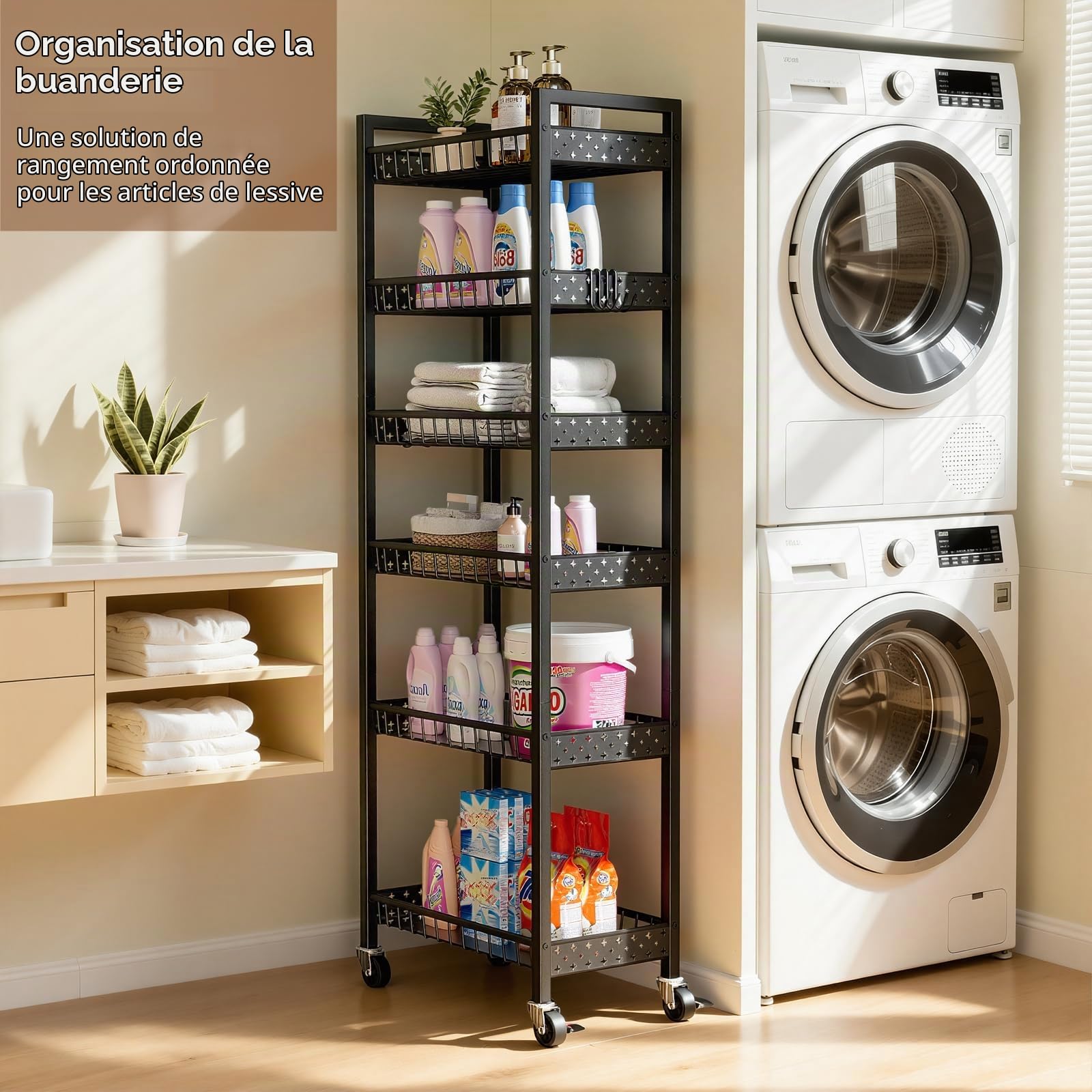 Chariot de Rangement Étroit, Chariot à roulettes à 6 Niveaux, Étagère Utilitaire Mobiles Étroite pour Cuisine, Salle de Bain, Buanderie, Salon, Espaces Étroits, 9,84 Pouces ((L)