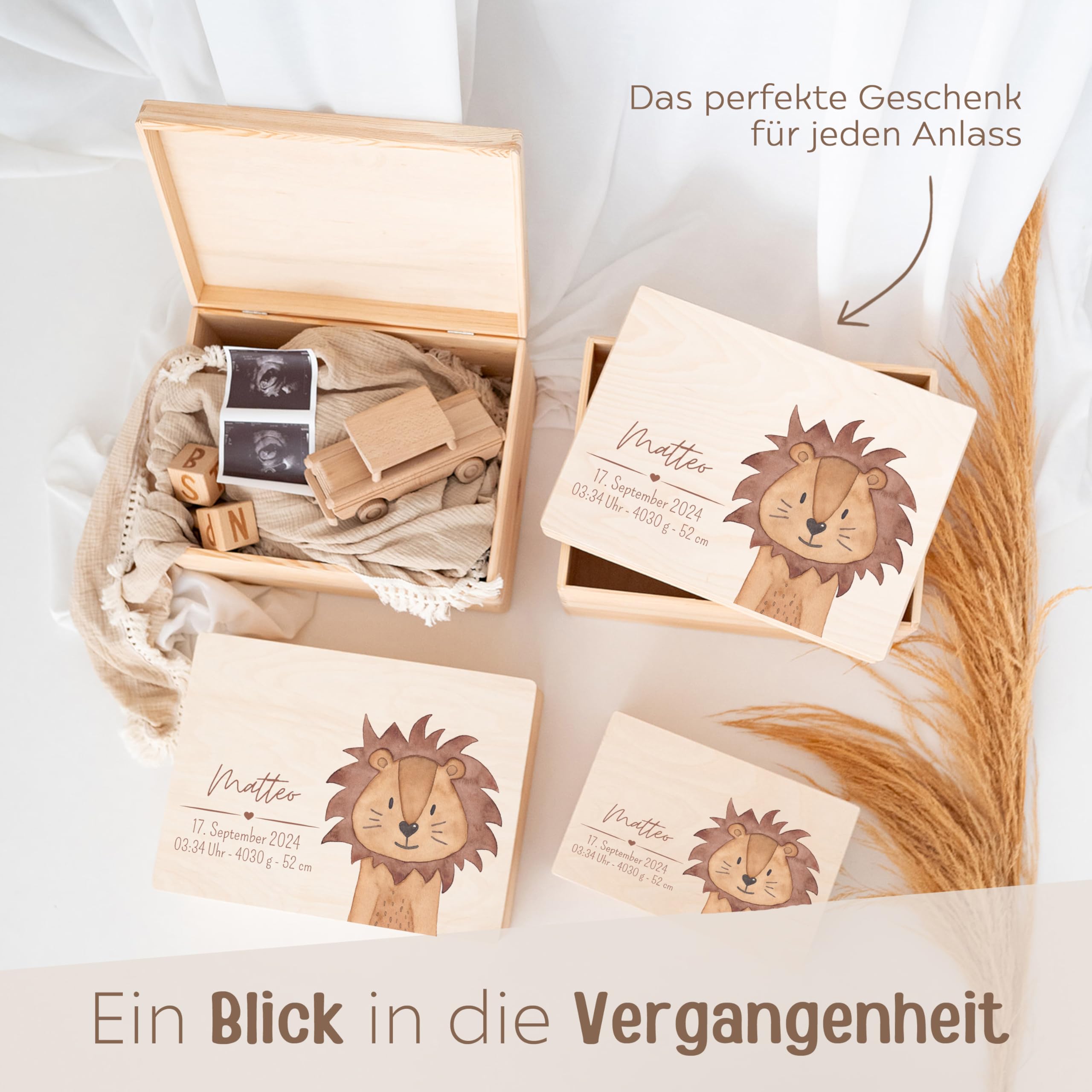 wunderwunsch - Personalisierte Erinnerungskiste Baby mit Spezial-Druck - Baby Erinnerungsbox - Erinnerungskisten aus Holz - Geschenk zur Geburt (Löwe, M flach-Klappdeckel)