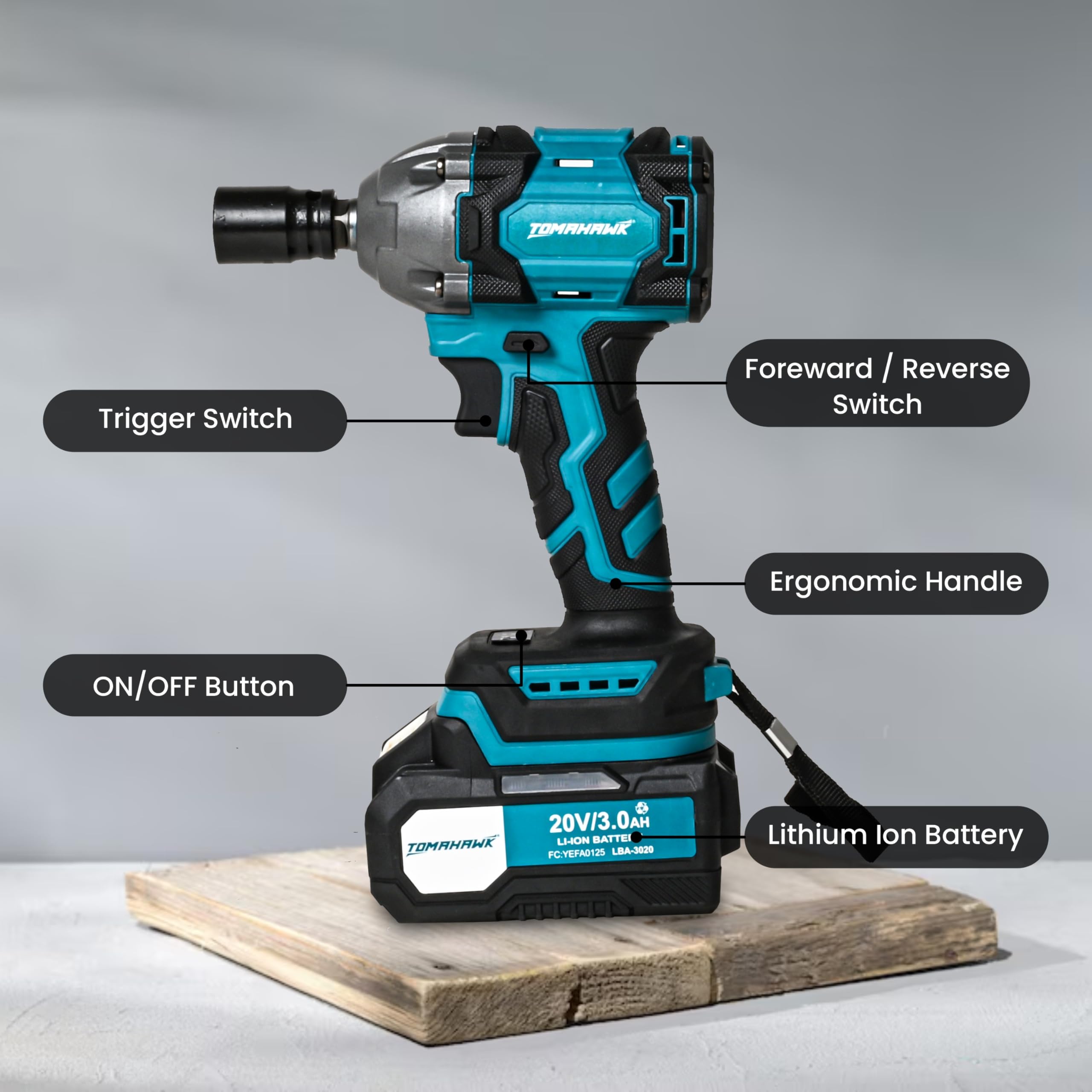 Tomahawk® TSW-5300 20V Brushless Cordless Impact Wrench Machine | 300Nm High Torque | ½” Square Drive + ¼” Hex | 2800 RPM | 3000 IPM | 2 x 3.0Ah Batteries | LED Light 3