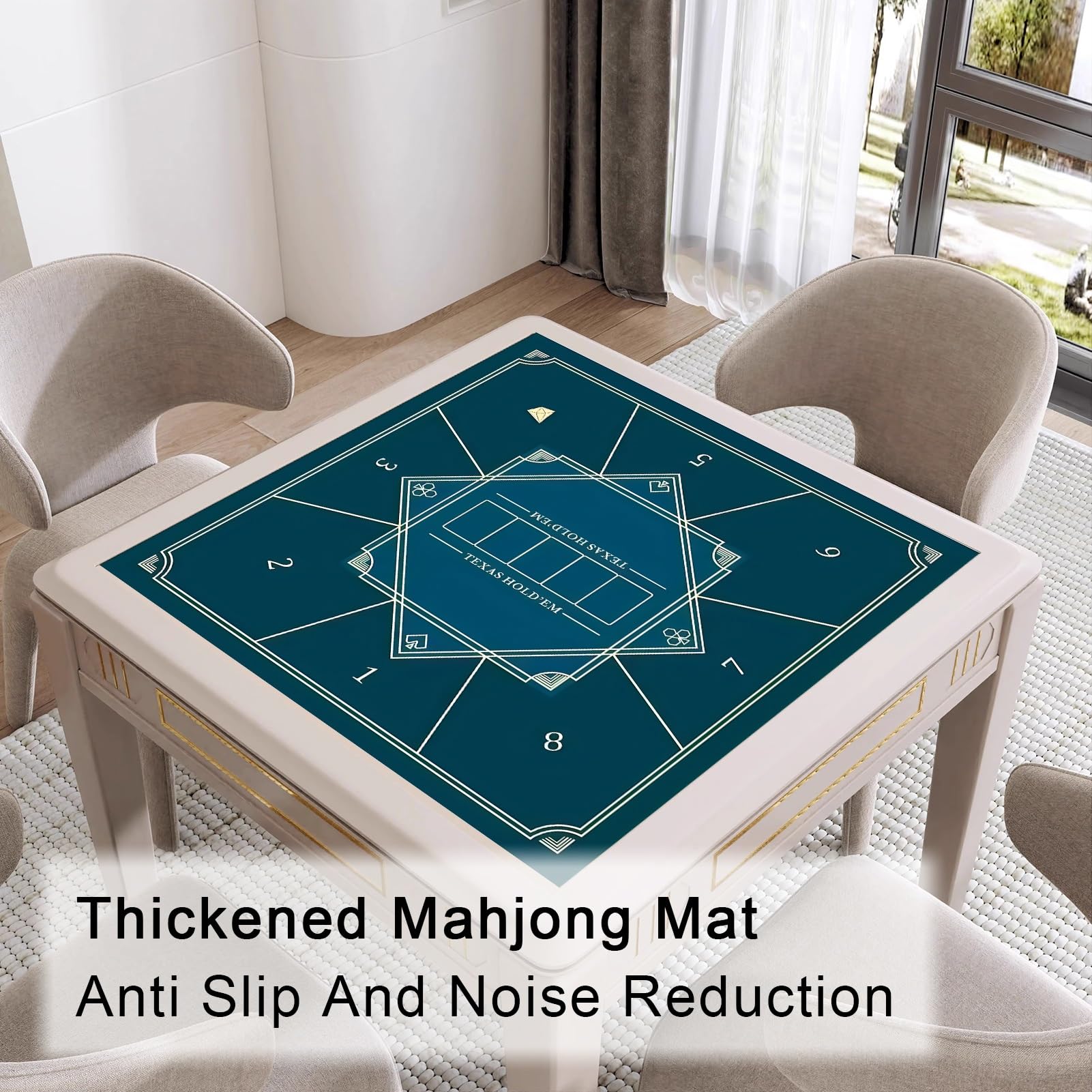 Tischmatte for Mahjong, quadratische Mahjong-Tischmatte, Spieltischmatte mit Regeln(Blu,80x80cm(31.49x31.49in))