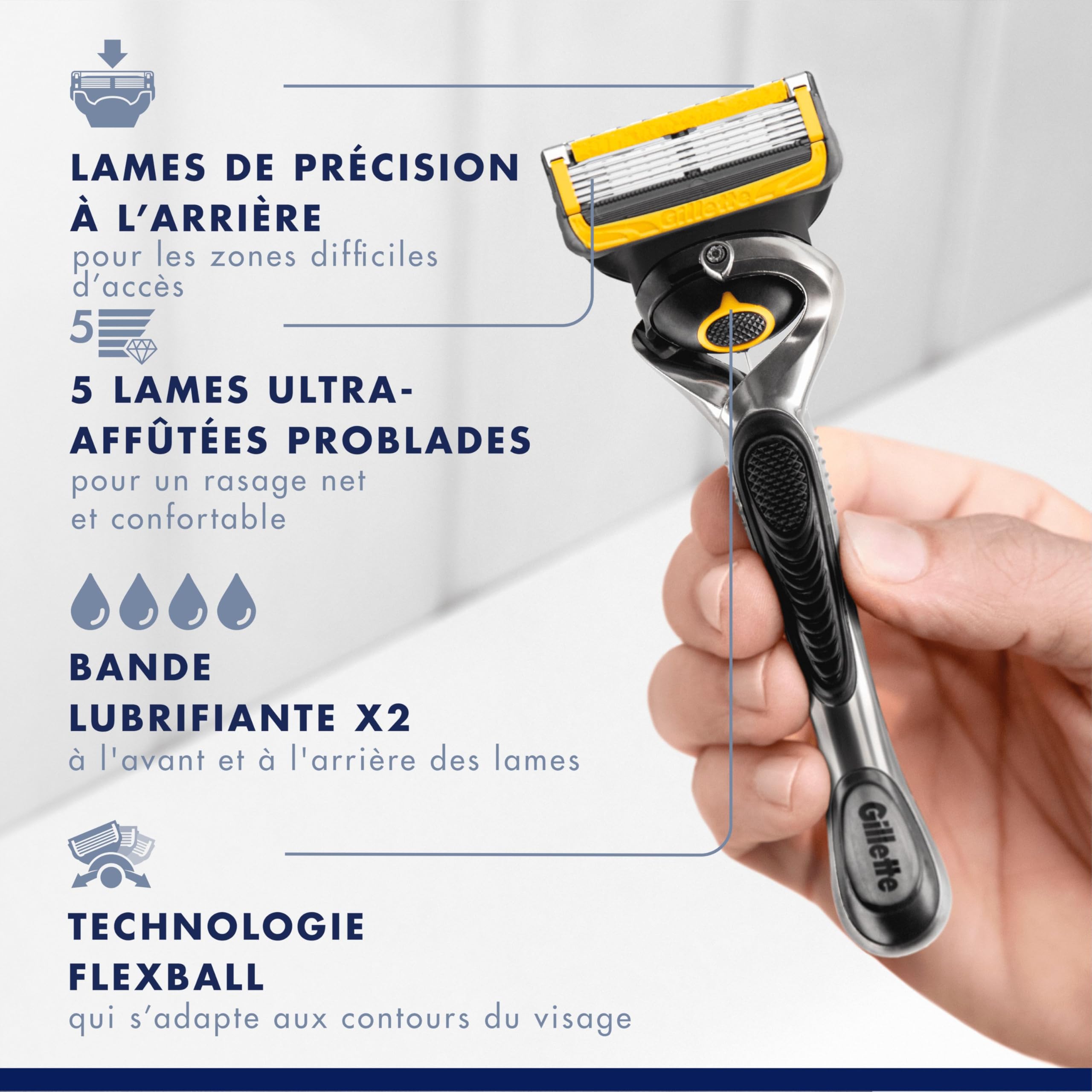 Gillette Rasoir Homme Proshield Power, Cartouche à 5 Lames, Argent | Manche Réutilisable, Tête Flexible en Acier Inoxydable Longue Durée, Bande Lubrifiante x2, 1 Recharge Jusqu’à 30 Rasages