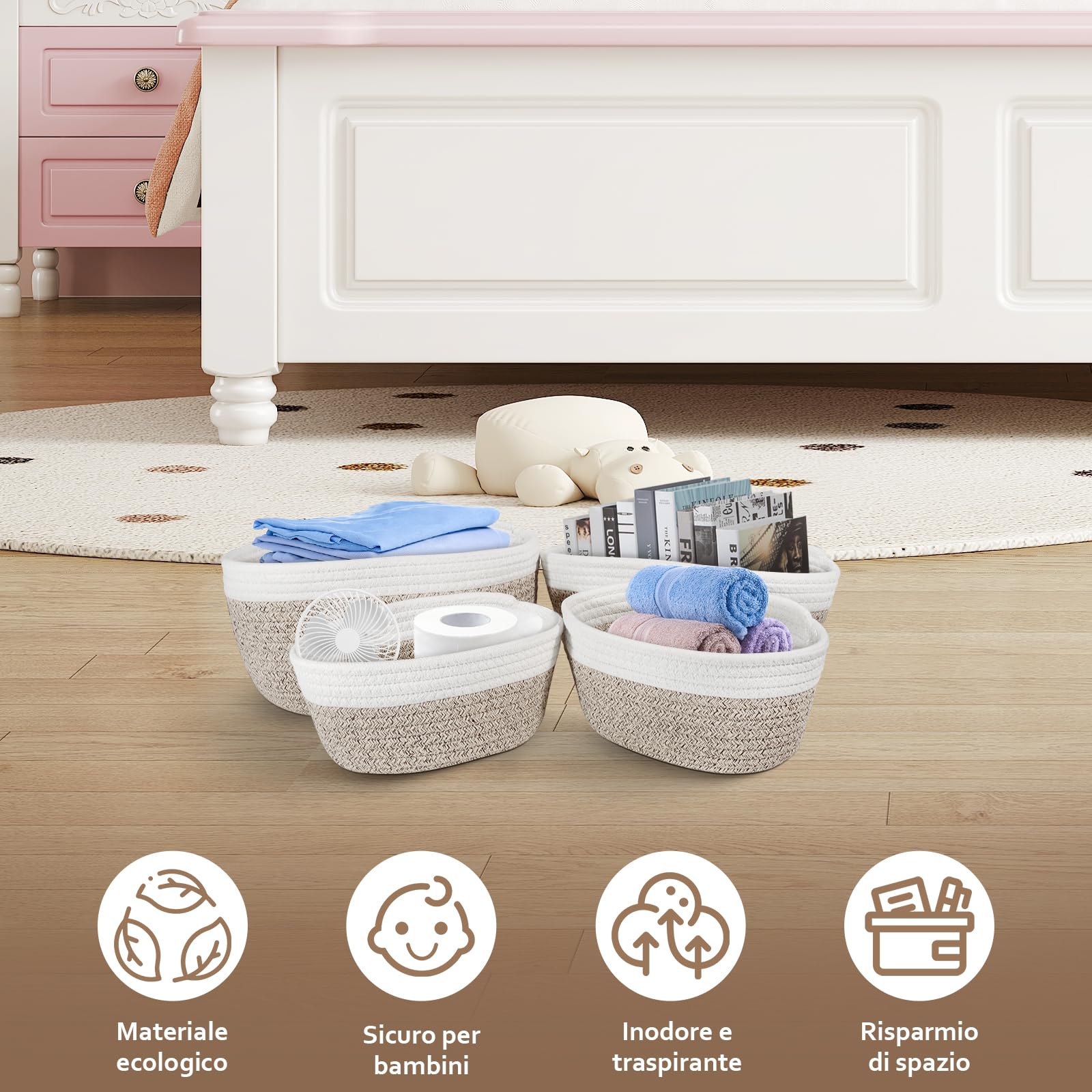 4 Pezzi Cestino Portaoggetti - Cesto Portaoggetti in Corda di Cotone丨Organizer Fasciatoio, Decorazioni Organizer Bagno