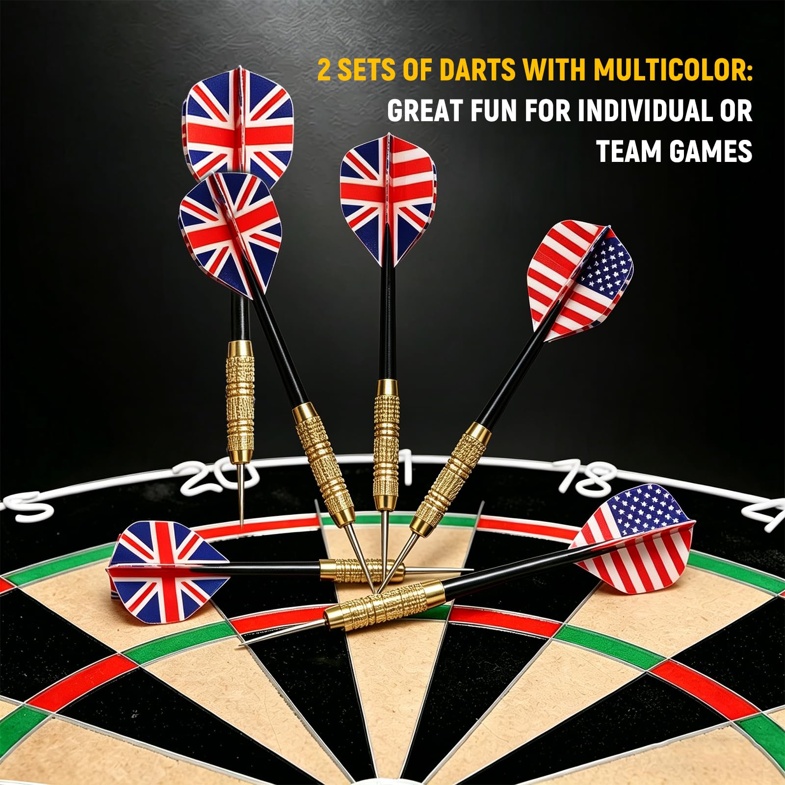 Professionelles 18-Zoll-Dartscheiben-Set aus Sisal mit 12 Stahlspitzen-Darts – Edelstahl-Dünndraht, drehbarer Zahlenring, inklusive Montagezubehör