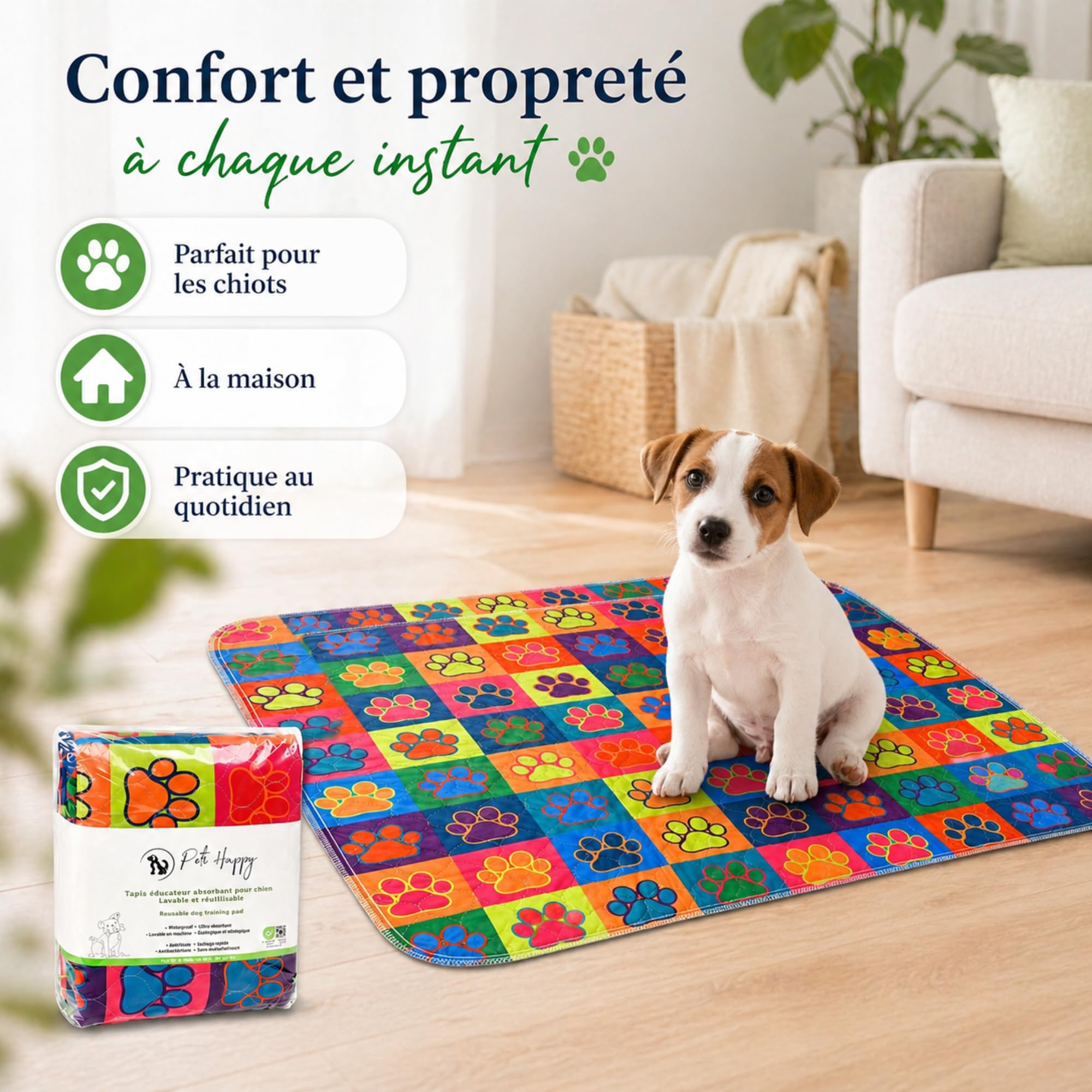 Lot de 2 Tapis absorbants pour Chien & Chiot 90*80cm | Tapis Lavable, Réutilisable, Absorbant | Alaise pour Chien | Tapis educateur Chien | Peti Happy®