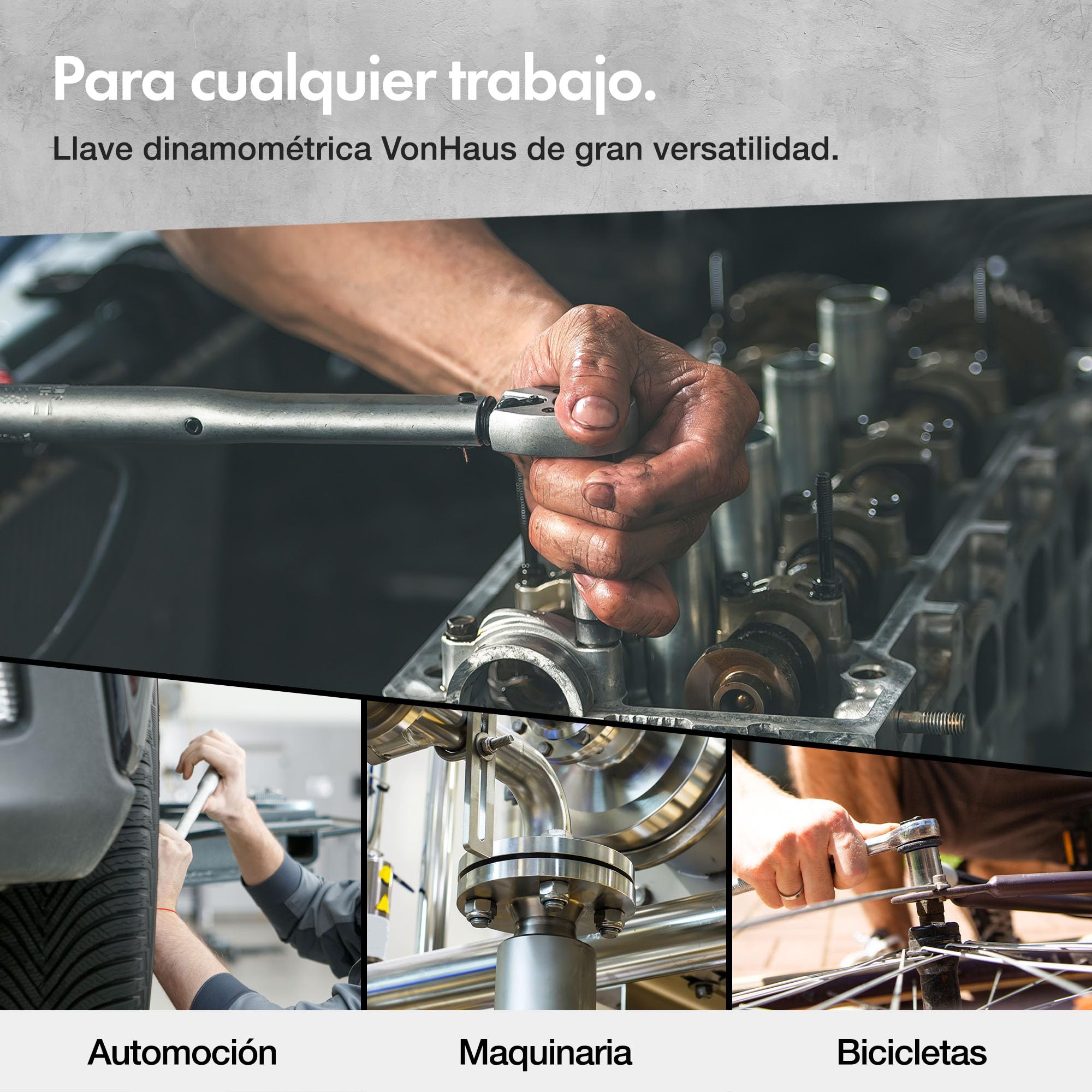 VonHaus Llave Dinamométrica 1/2 – Llave de Carraca 1/2 con Barra de Conversión 3/8 y Barra Extensora – Destornillador de Torque para Coche, Bicis y Reparaciones en General – Trinquete 1/2, 30-210 Nm