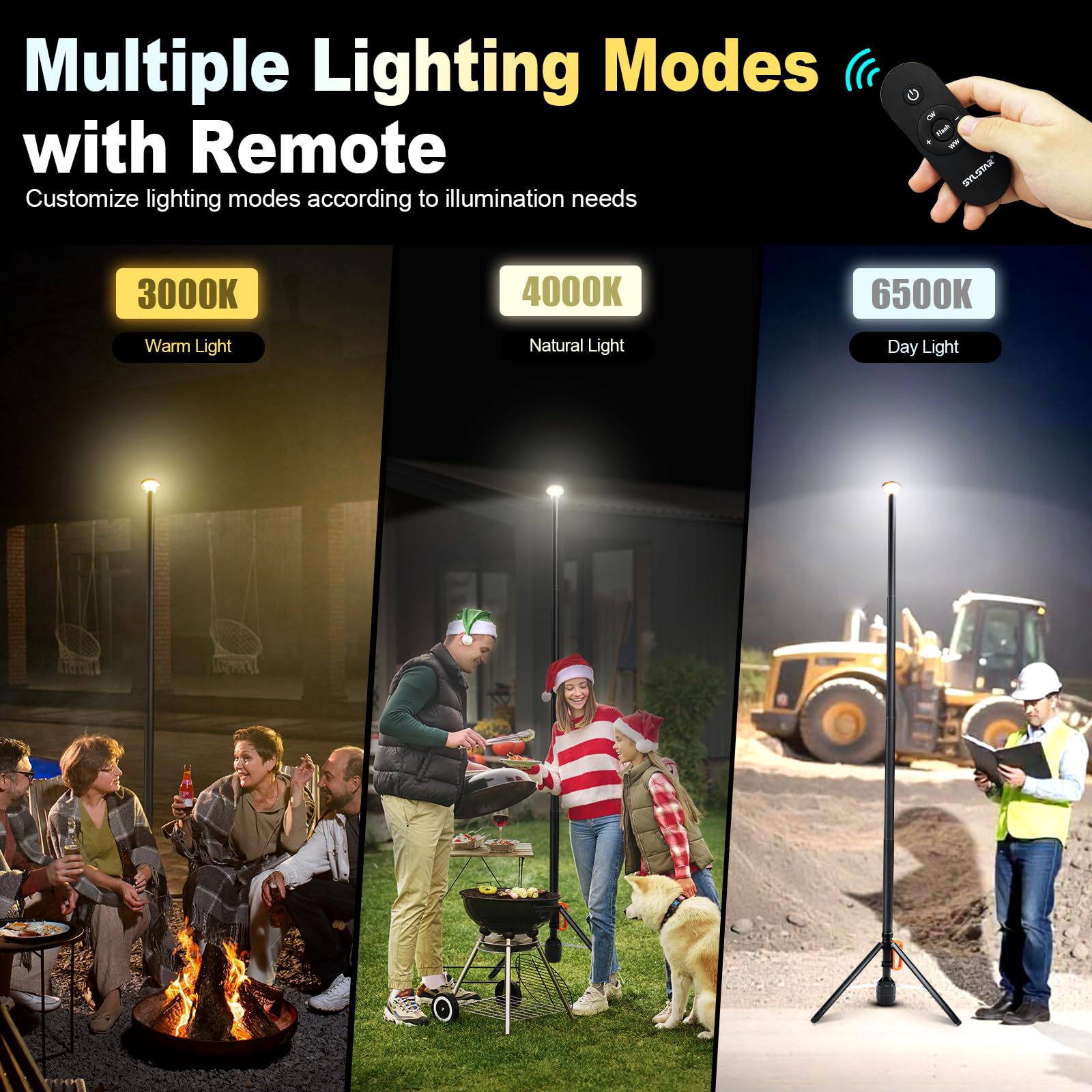 SYLSTAR Foco LED Recargable con Mando y Trípode Telescópico (2.65m), 3000LM Foco LED Bateria Ultrabrillante 3CCT Regulable, Portátil para Talleres, Camping, Deportes y Emergencias