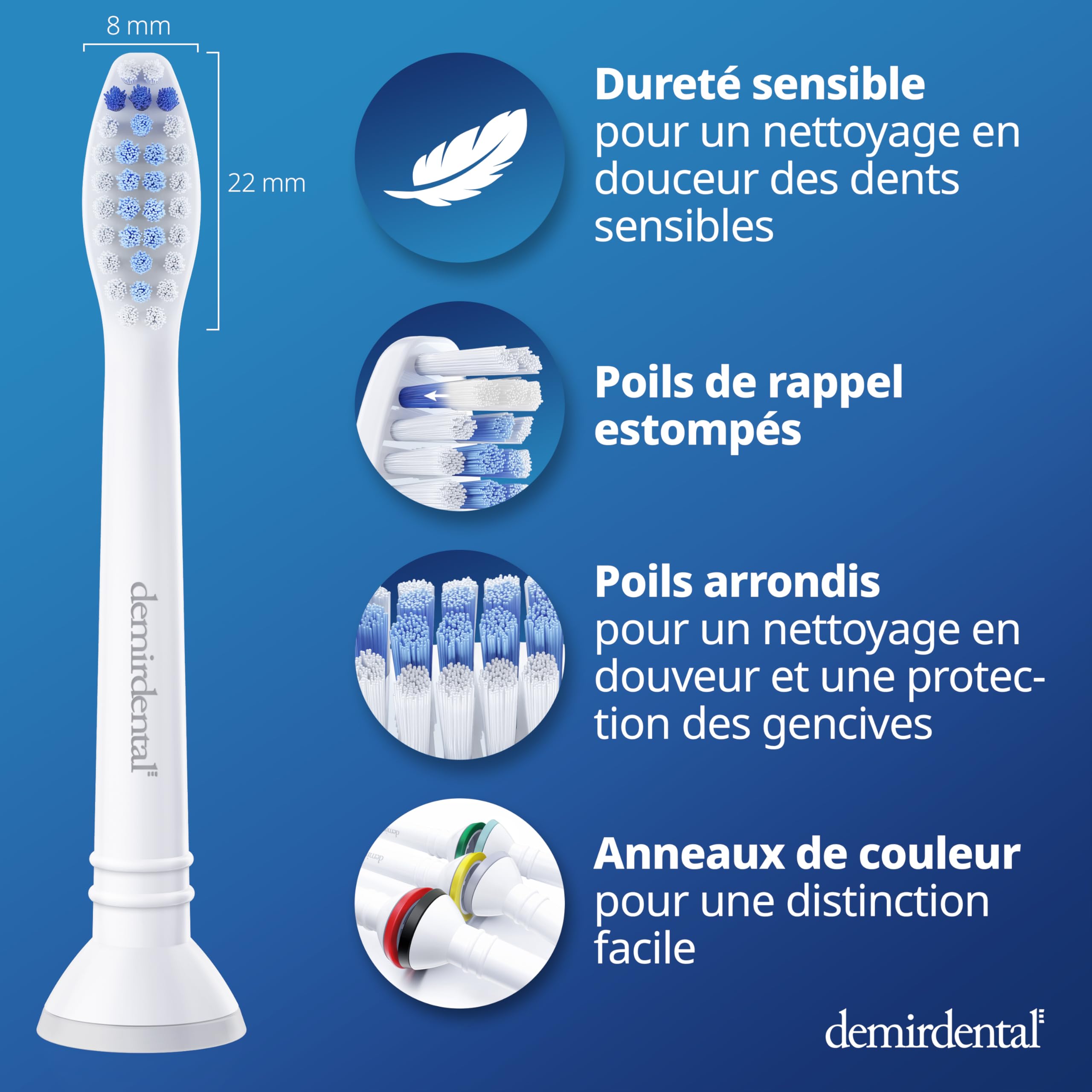 8 Pack demirdental compatible pour Philips Sonicare Têtes de brosse de rechange, Sensible, Blanc, remplace HX6058