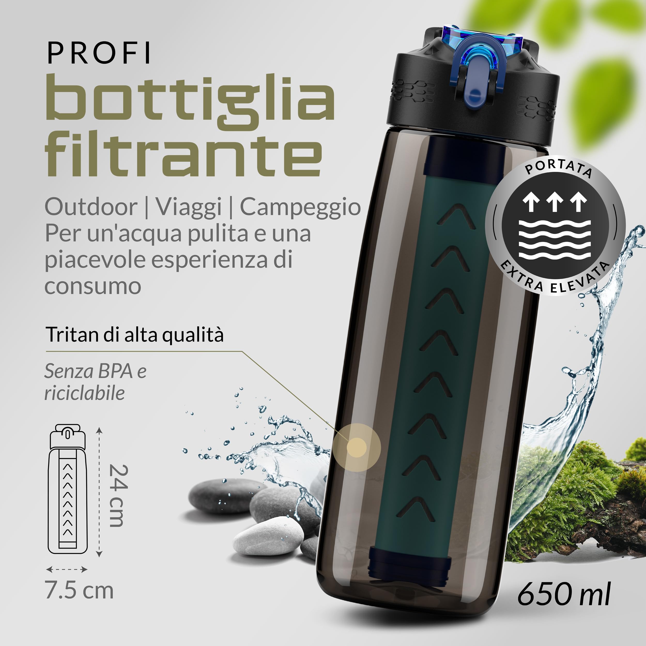 BERGKVIST® Borraccia filtrante acqua da esterno OBSIDIAN con bussola | Bottiglia con filtro per acqua potabile pulita, trattamento dell'acqua per attrezzature da campeggio e sopravvivenza, 650ml
