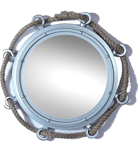 Espejo de buey náutico vintage envuelto en cuerda para decoración del hogar, decoración temática marítima de pirata, espejo de tocador (plata mate,