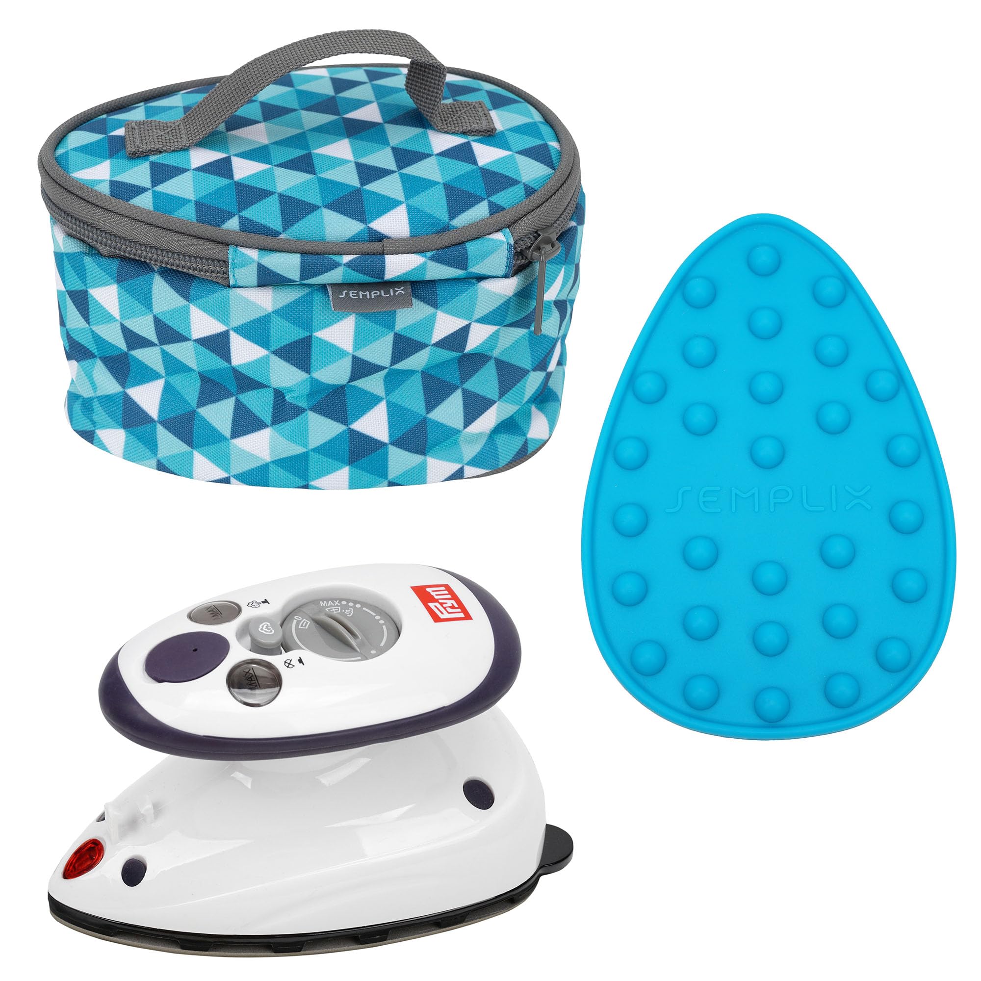 SEMPLIX Mini-Bügeleisen Bundle – Kompaktes Komplettset für Nähen, Quilten & Reisen mit Prym Mini-Dampfbügeleisen, Reisebügeleisentasche und Silikonablage (Diamond Türkis)