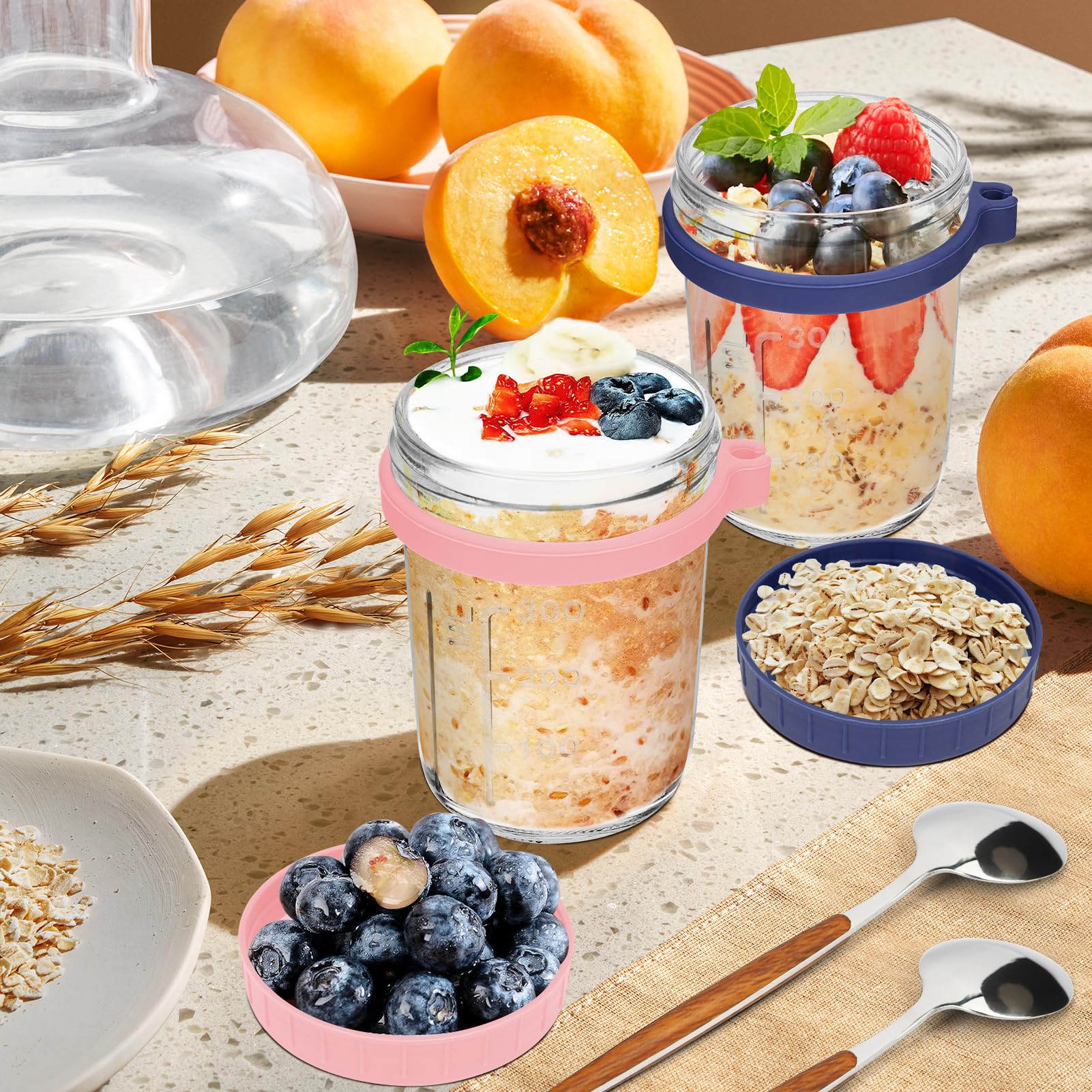Pots Verre Repas Lot De 4 Gobelets à Céréales UHAPEER 600ml - Verre Borosilicate Avec Couvercle Et Cuillère - Pour Yaourt, Overnight Oats Récipient Overnight Oats