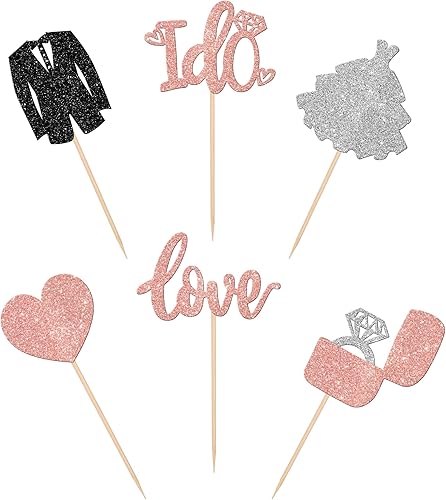 Miniatura 3 de Rsstarxi Paquete de 24 adornos para cupcakes de boda con purpurina para novio y novia, anillo de diamantes con diseño de amor I Do para despedidas
