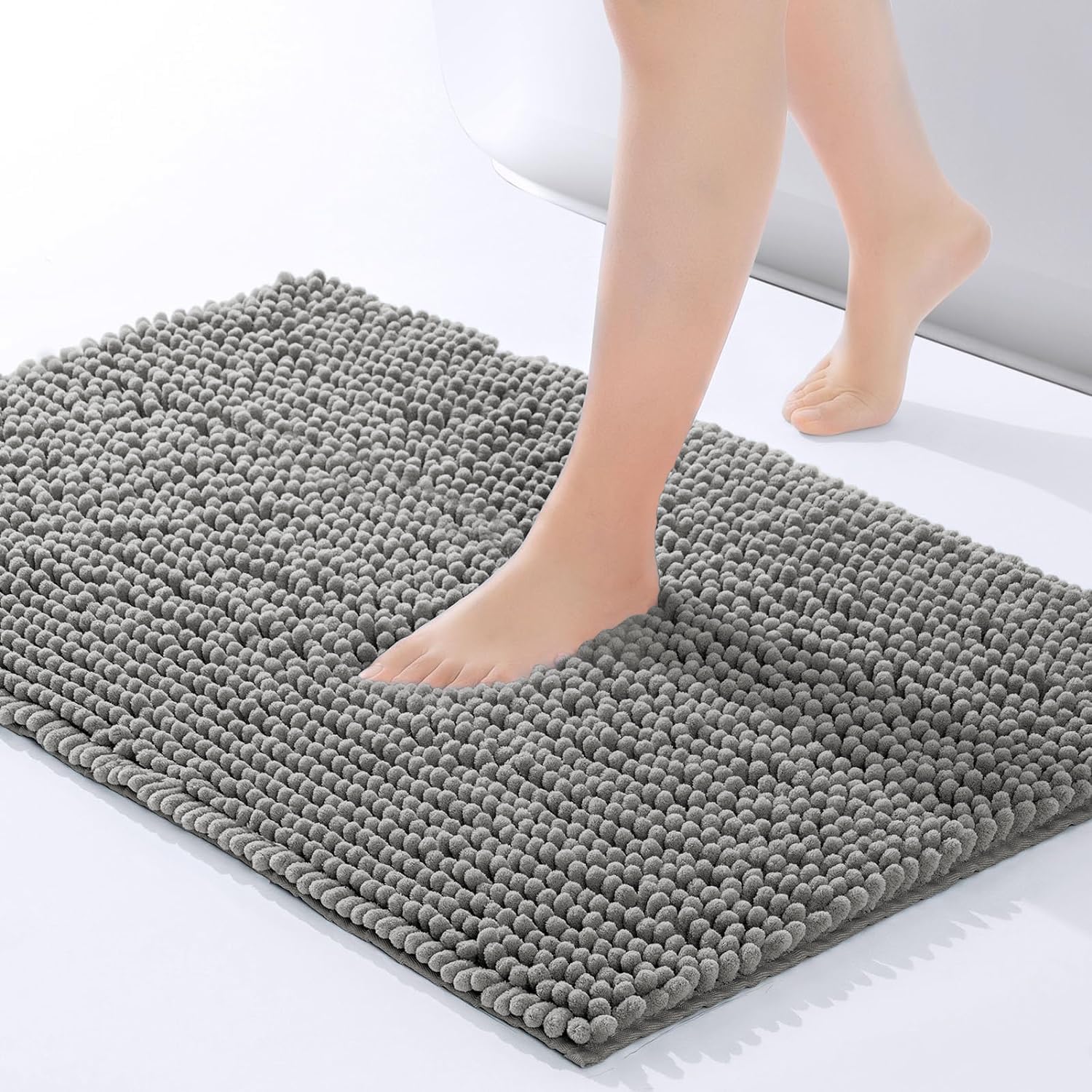 Hafaa Bath Mat Non Slip Anti Mould – Grey Chenille Bathroom Mat 50 x 80 cm Machine Washable Bath mats Super Absorbent Extra Soft Fluffy Shower mat