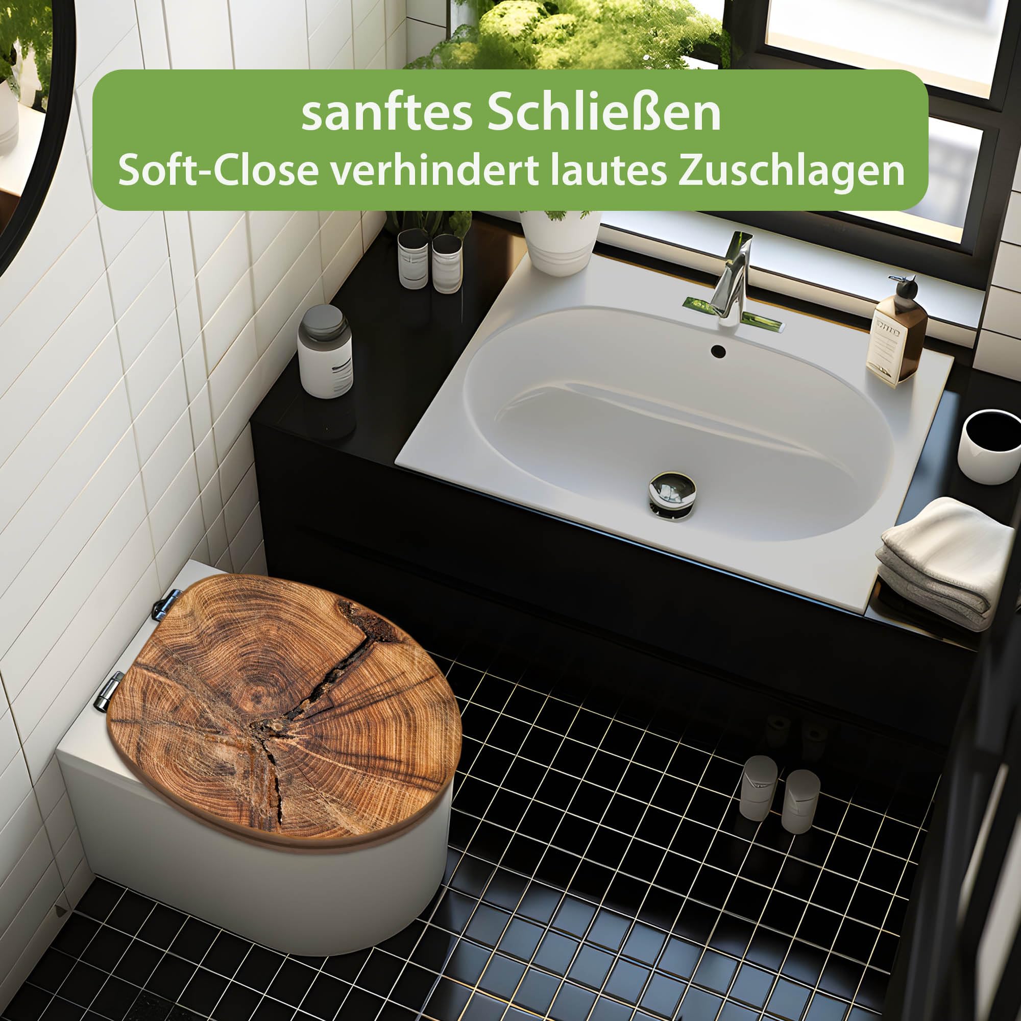 banjado Design WC Sitz Bambus Absenkautomatik 45,8x37,5cm - Toilettendeckel mit Absenkautomatik Holz - hochwertiger Bambus Klodeckel - WC-Sitz für gängigen Toiletten - Motiv Jahresringe
