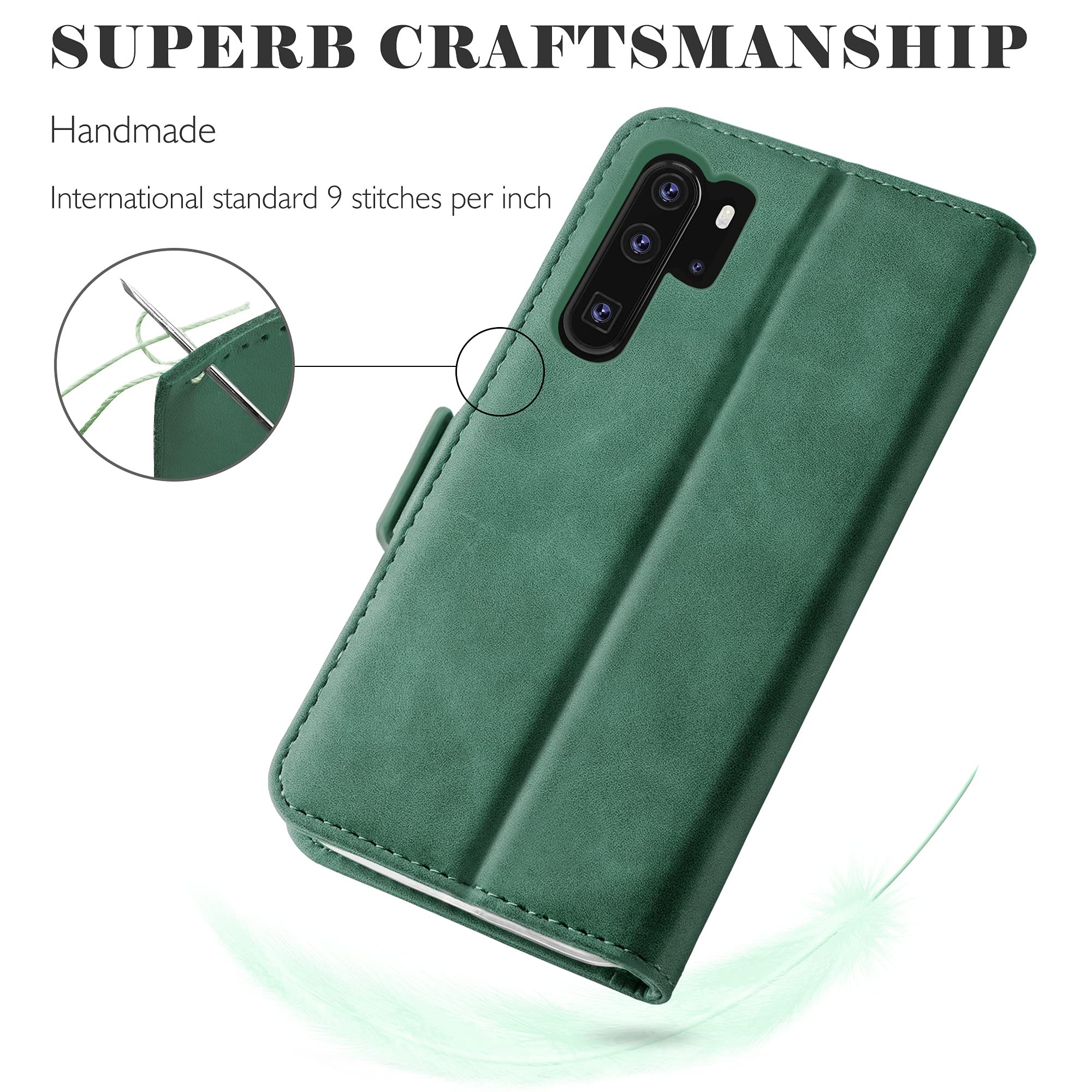 Custodia Portafoglio YATWIN In Pelle Per Huawei P30 Pro, Con Slot Carte, Cavalletto E Chiusura Magnetica, Verde Pino, Supporta Ricarica Wireless - 3