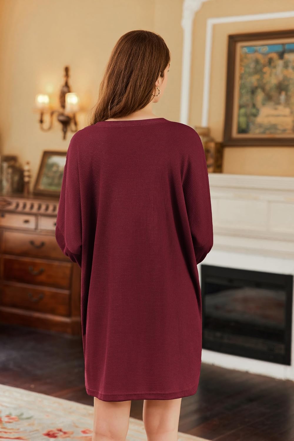Ekouaer Nightgowns for Women Long Sleeve Sleepshirts Waffle Knit Nightshirt