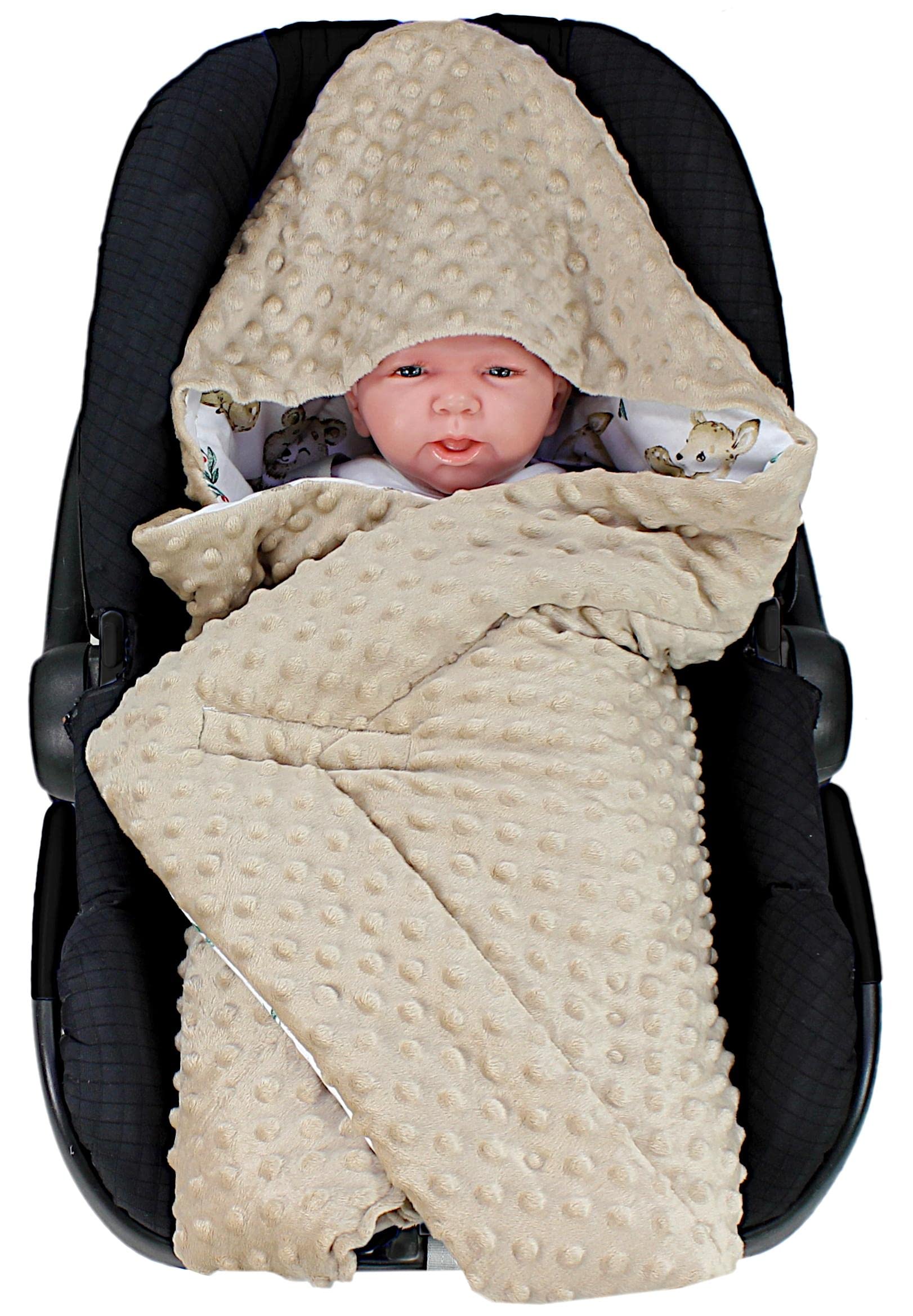 TupTam Baby Winter Einschlagdecke Babydecke 75x75cm für Autositz Babyschale Wattiert Minky Baumwolle Universal, Farbe: Rehlein/Bären/Beige/Hellbraun, Größe: Einheitsgröße