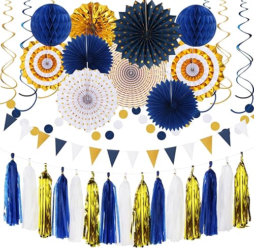 Decoraciones para fiestas de graduación de color azul marino, blanco y dorado, 33 piezas de banderines, guirnalda de borlas, panales, pompones de