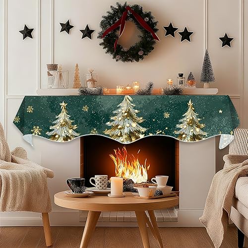 Miniatura 4 de Bufanda de Navidad para chimenea, cubierta decorativa para Navidad, invierno, mantel superior (árbol de Navidad verde dorado, 70 pulgadas de largo x
