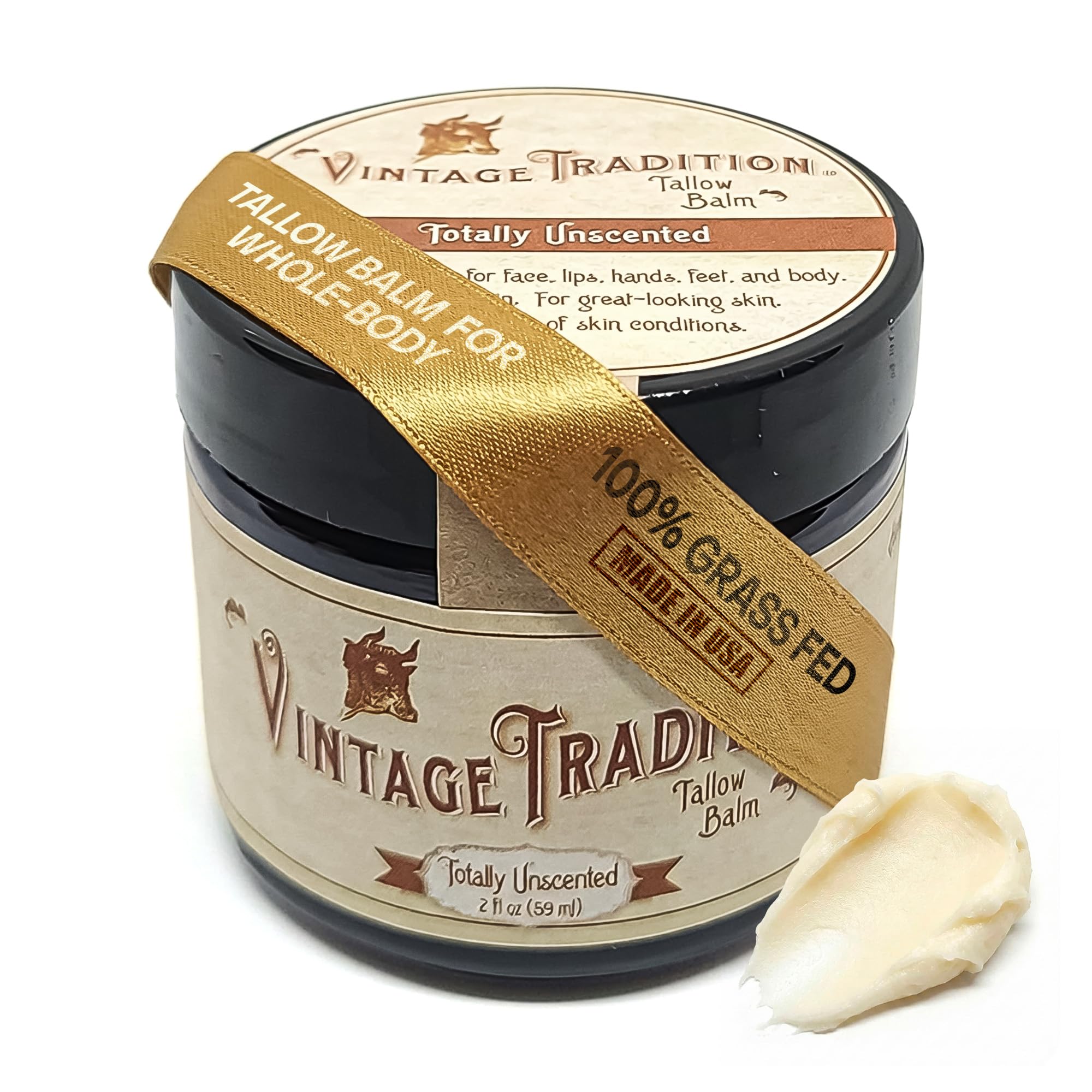 Vintage Tradition Beef Tallow Balm for Skin Care - Unscented, All Purpose Balm for Sensitive Skin Heals and Hydrates with Olive Oil + Tallow from Grass-Fed Cows - Beef Tallow for Skin, 2 fl. oz.