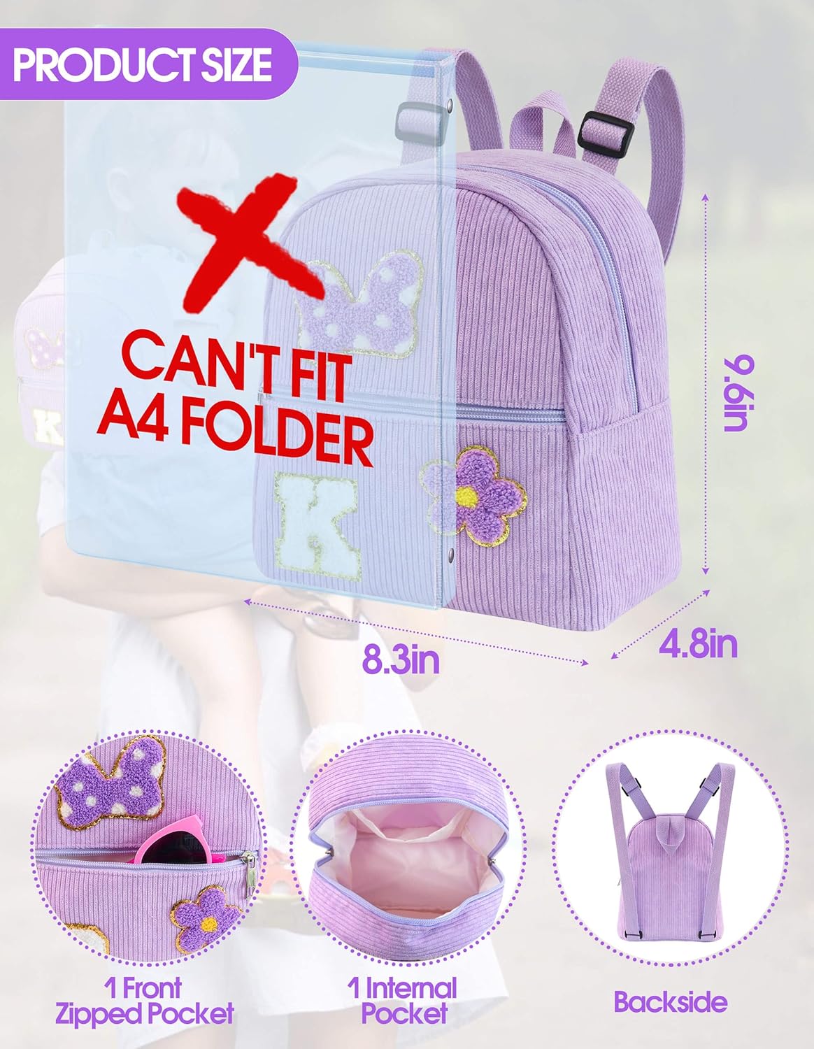2 3 4 5 6 Year Old Girl Gifts Chenille Initial Mouse Bow Mini Backpack, Corduroy Toddler Backpacks Christmas Birthday Gifts for Girls 2-4 5-6, Purple Mini Diaper Bag Must Haves for Park Travel K - Image 5