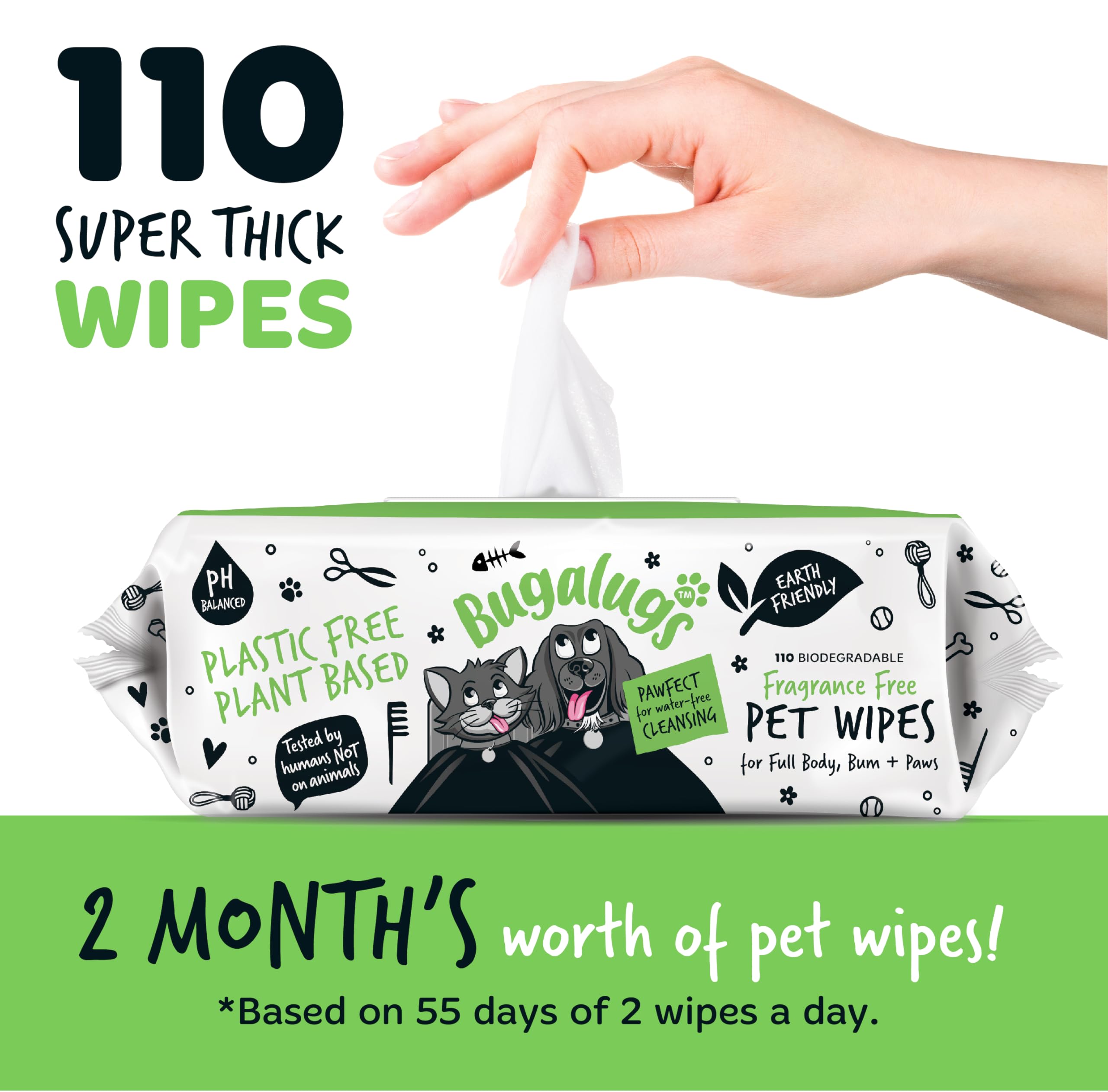 BUGALUGS Dog Wipes, 100% Plastic Free Biodegradable pet wipes for full body, eye wipes, ear wipes, bum & paws. 110 sensitive dog grooming wipes for dogs, puppy & cat grooming (Fragrance Free) - 4