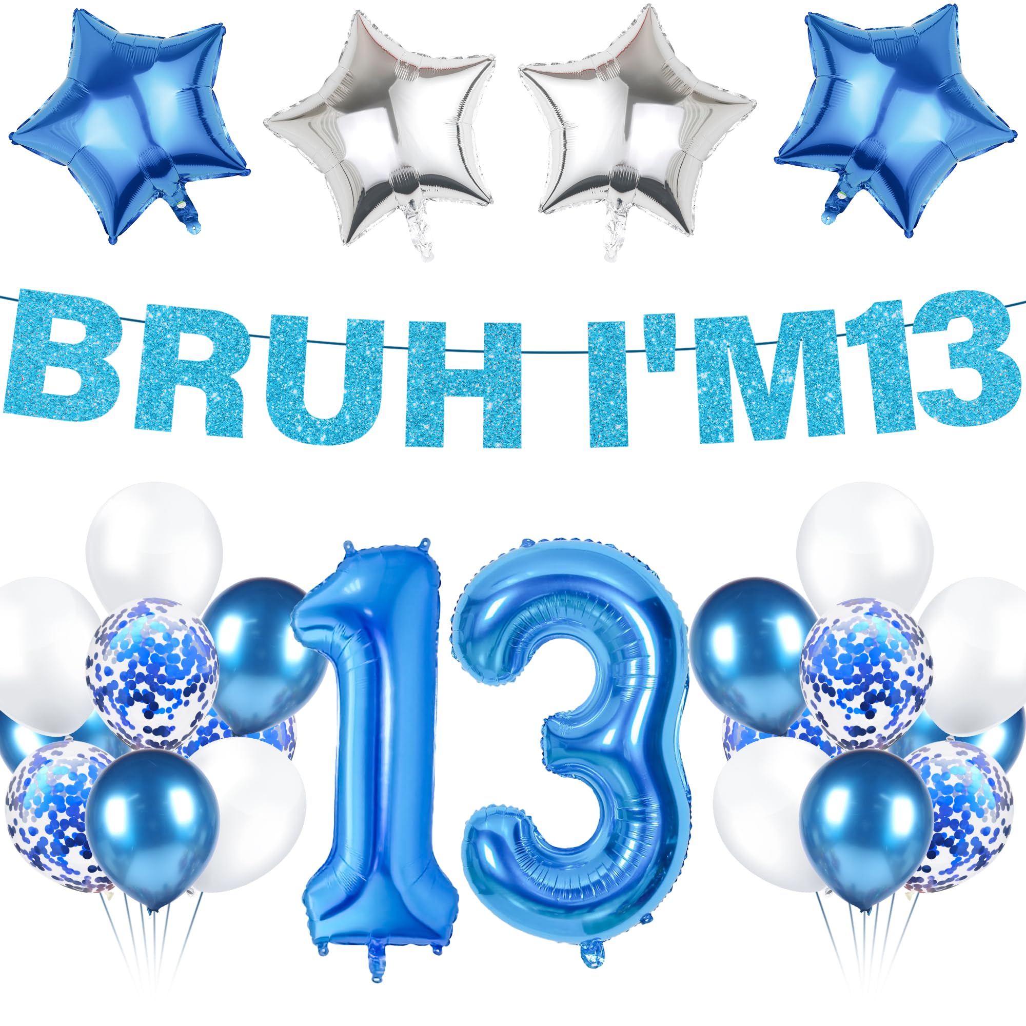 13th Birthday Decorations Balloon Boys - 19 Pcs Blue Bruh I'M 13 Glitter Banner Number 13 Foil Latex Balloons Party Decoration for Girls 13 Years Old Birthday Celebration Decor Supplies