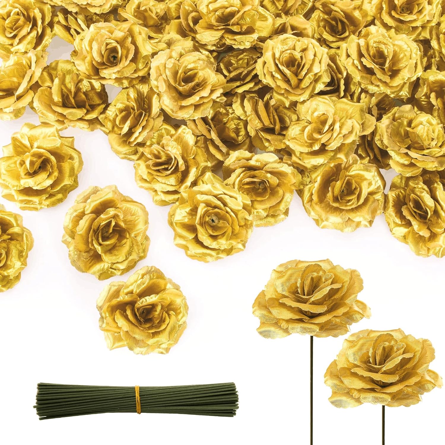 Youeon 100 Pcs 3.5 Inch Gold Artificial Rose Heads with Stems, Silk Rose Faux Flower Heads Bulk for DIY Wedding Bouquets, Party Table Centerpieces, Home Decor, Craft Floral Arrangements