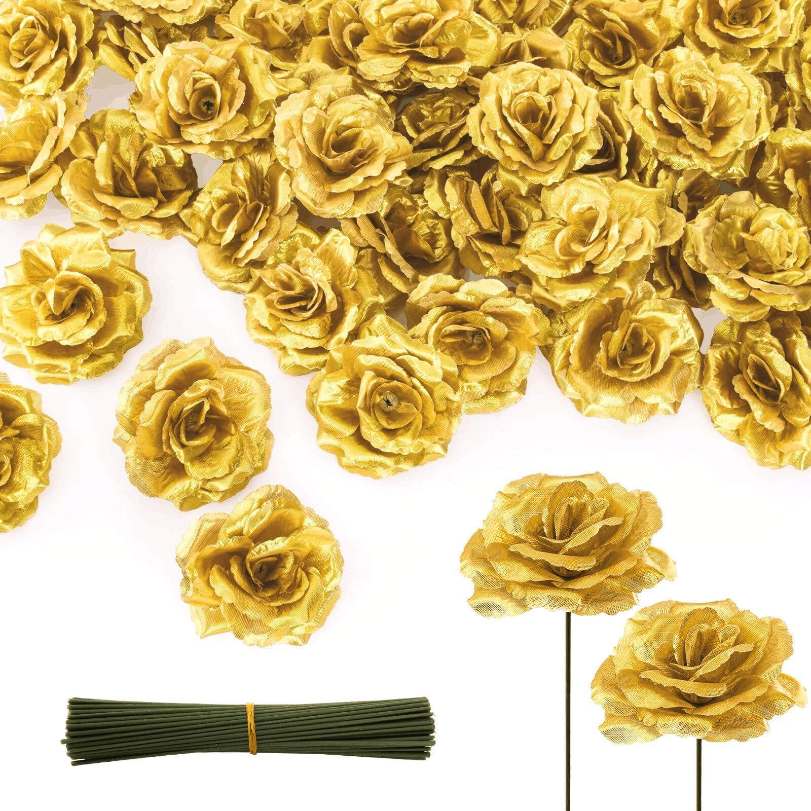 YOUEON 100 Pcs Gold Artificial Rose Heads with Stems, 9 cm Silk Rose Faux Flower Heads Bulk for DIY Wedding Bouquets, Party Table Centerpieces, Home Decor, Craft Floral Arrangements