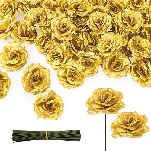 Youeon 100 Pcs 3.5 Inch Gold Artificial Rose Heads with Stems, Silk Rose Faux Flower Heads Bulk for DIY Wedding Bouquets, Party Table Centerpieces,