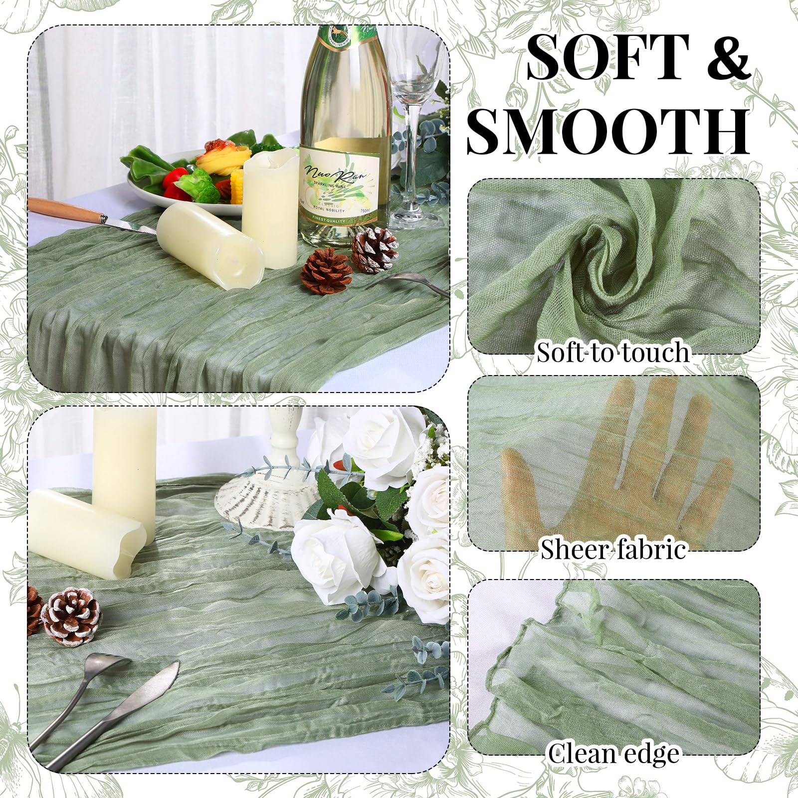 Newwiee 48 Pcs Cloth Napkin and 6 Pcs Cheesecloth Table Runner Set 18 x 18 in Cotton Napkin 10ft Cheese Table Runner Boho Gauze Table Setting for Wedding Easter Birthday Baby Shower Decor(Sage Green)