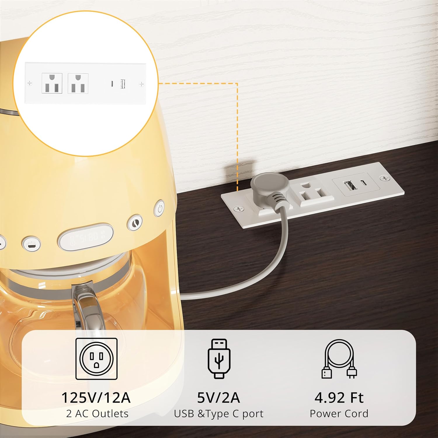 Close-up of the built-in power outlet with AC, USB, and Type C ports