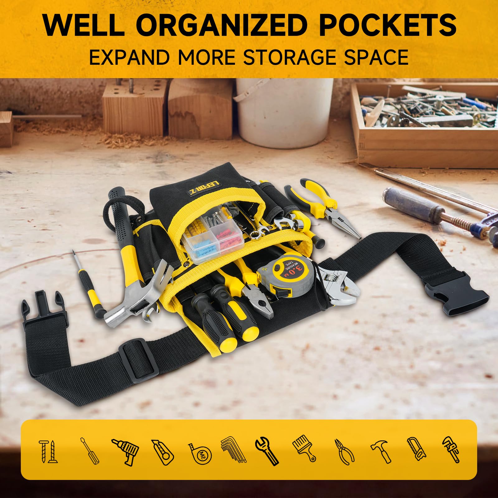 Cintura per Attrezzi da Lavoro,Cintura Porta Attrezzi,Cintura Elettricista con 13 Tasche,Regolabili,Imbottita,con Tasche Magnetiche Staccabili,per Elettricisti,Falegnami,Costruzioni