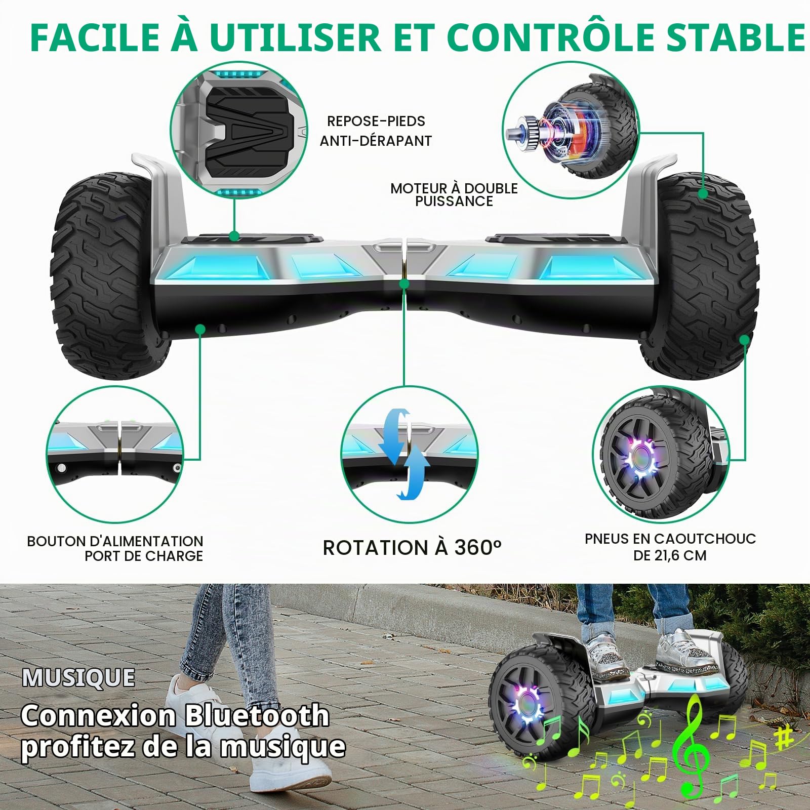 Hoverboard avec siège, hoverboard tout-terrain avec hoverkart, 8,5 pouces avec auto-équilibre, hoverboard tout-terrain avec haut-parleur Bluetooth, LED, cadeau pour les enfants