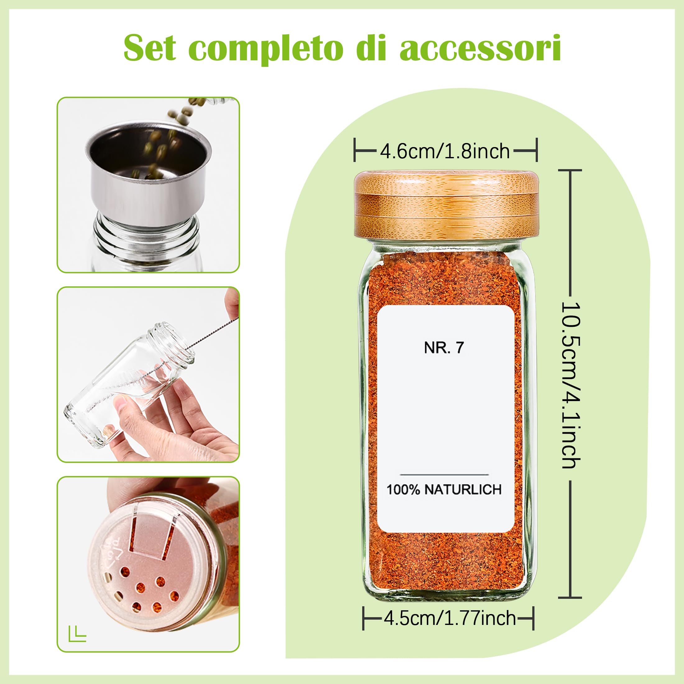 SAEIV Barattoli Spezie Quadrati 12x120ml Barattoli Vetro con Coperchio Bambù Naturale, Barattoli Spezie con 40 Etichette Bianche/Nere, 2 Tipi di Coperchi Spruzzatura, Imbuto Acciaio Inox e Pennarelli