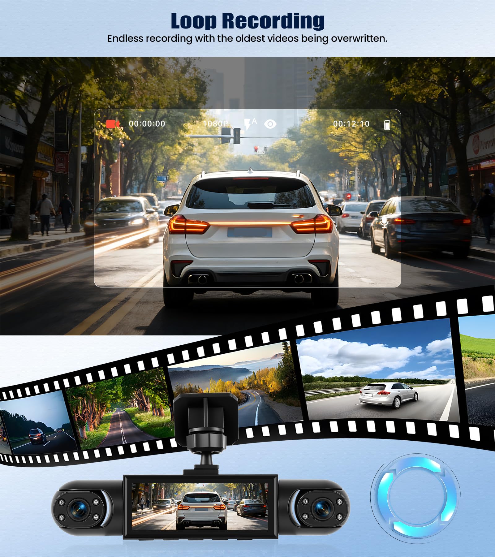 OiLiehu Cámara para Salpicadero 3,16 Pulgadas para Coches, Grabación Frontal e Interior Full HD 1080P, Lente Dual con Gran Angular 150°/G Sensor/Grabación en Bucle/Visión Nocturna