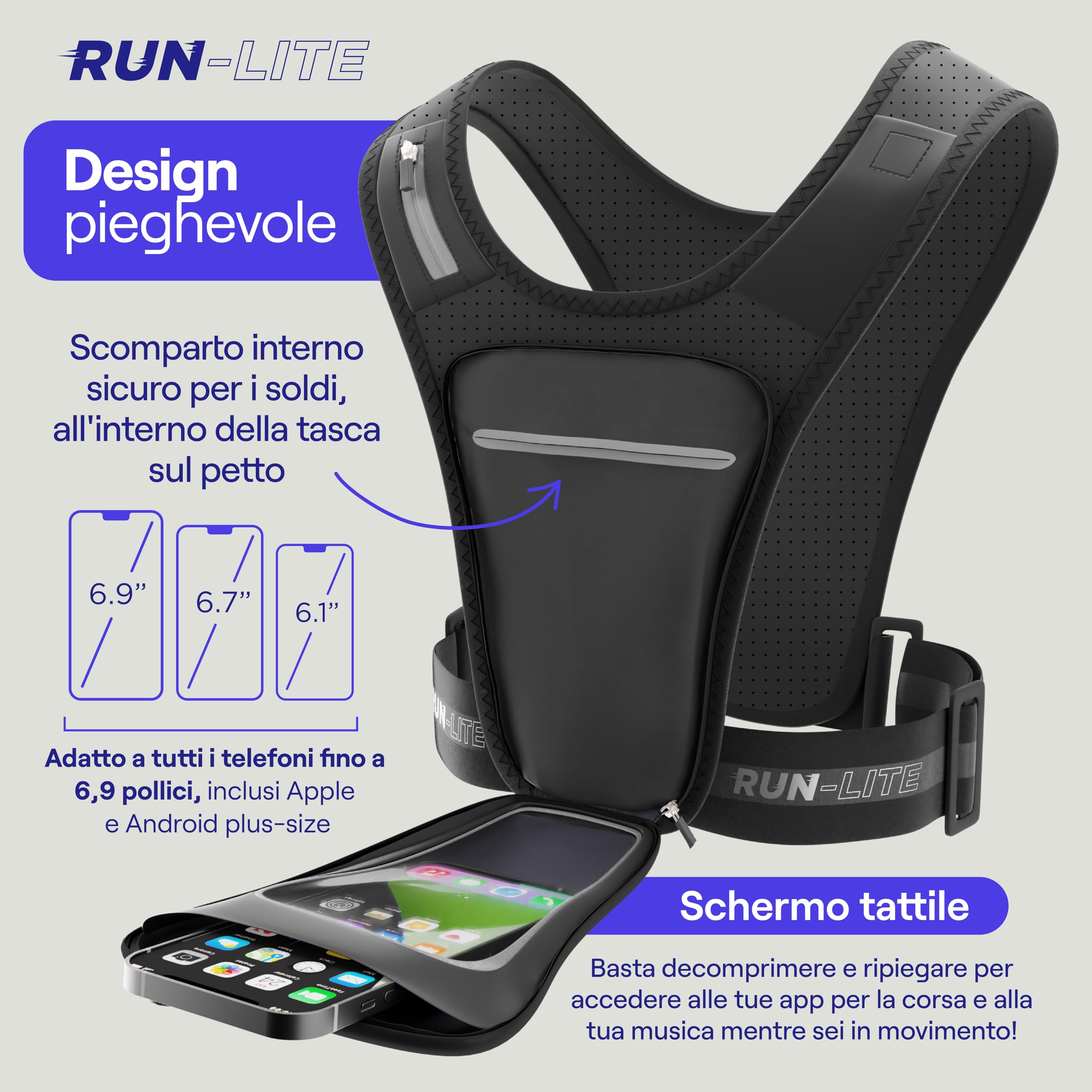 Porta cellulare per gilet da corsa con custodia impermeabile, cintura regolabile, riflettente, 2 tasche sulla spalla per chiavi/gel, telefoni fino a 6,8" (Unisex - Adulto)